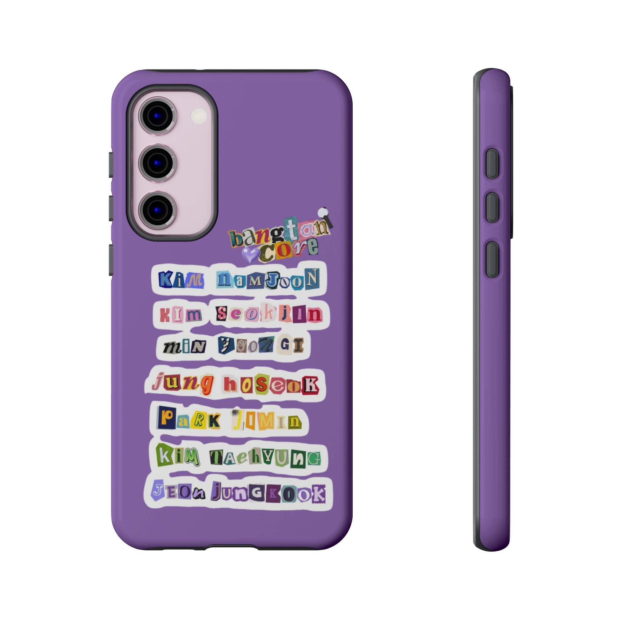 Printify BTS member names phone case featuring Jungkook, Jimin, and RM for iPhone 17, with a tough protective design.