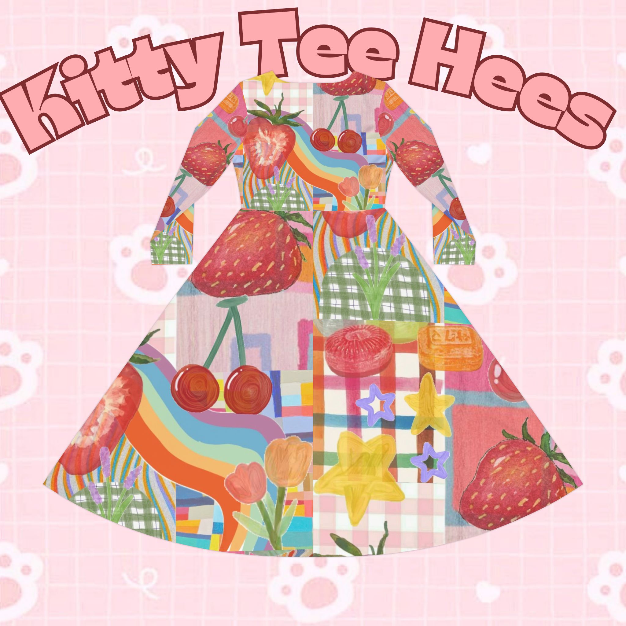 Printify strawberry picnic floral long sleeve dress with all-over print, perfect for casual spring and summer garden outings.