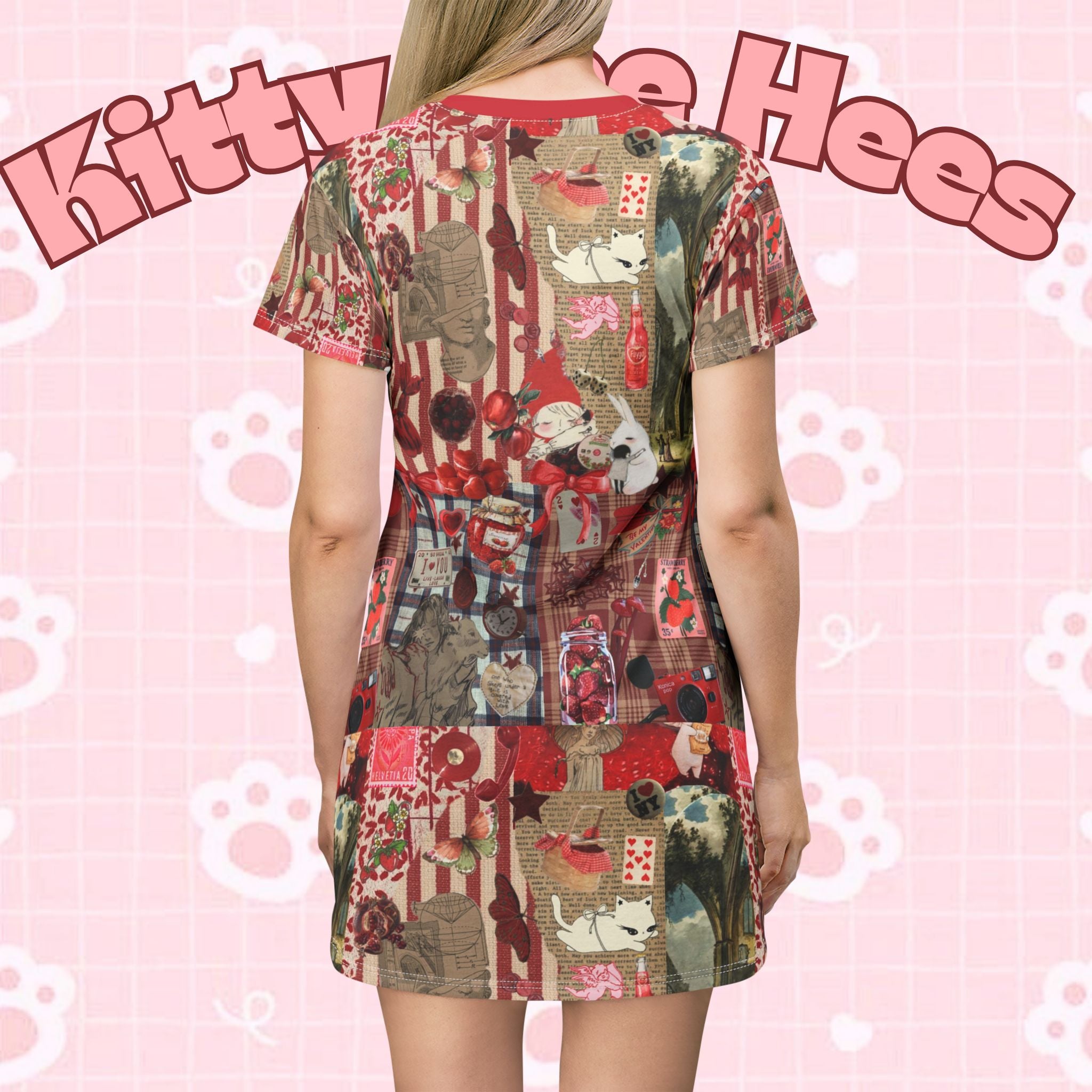 All-over print Apple pie and holiday motifs T-shirt dress by Printify featuring vintage graphics and casual, feminine style.