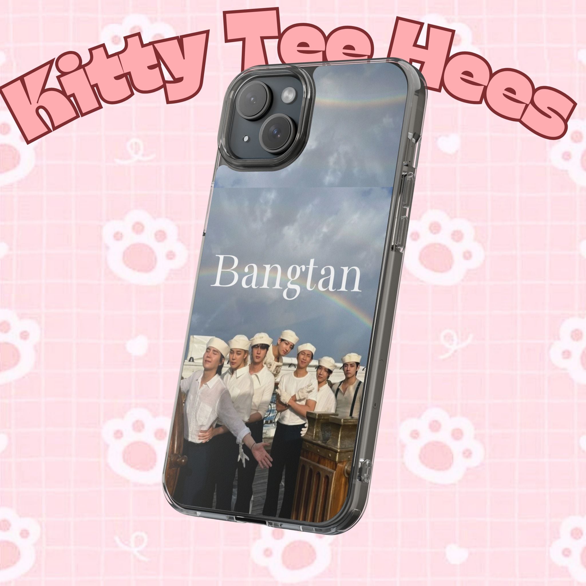 Clear impact-resistant Bangtan phone case featuring cute K-pop design, compatible with smartphones for stylish protection.