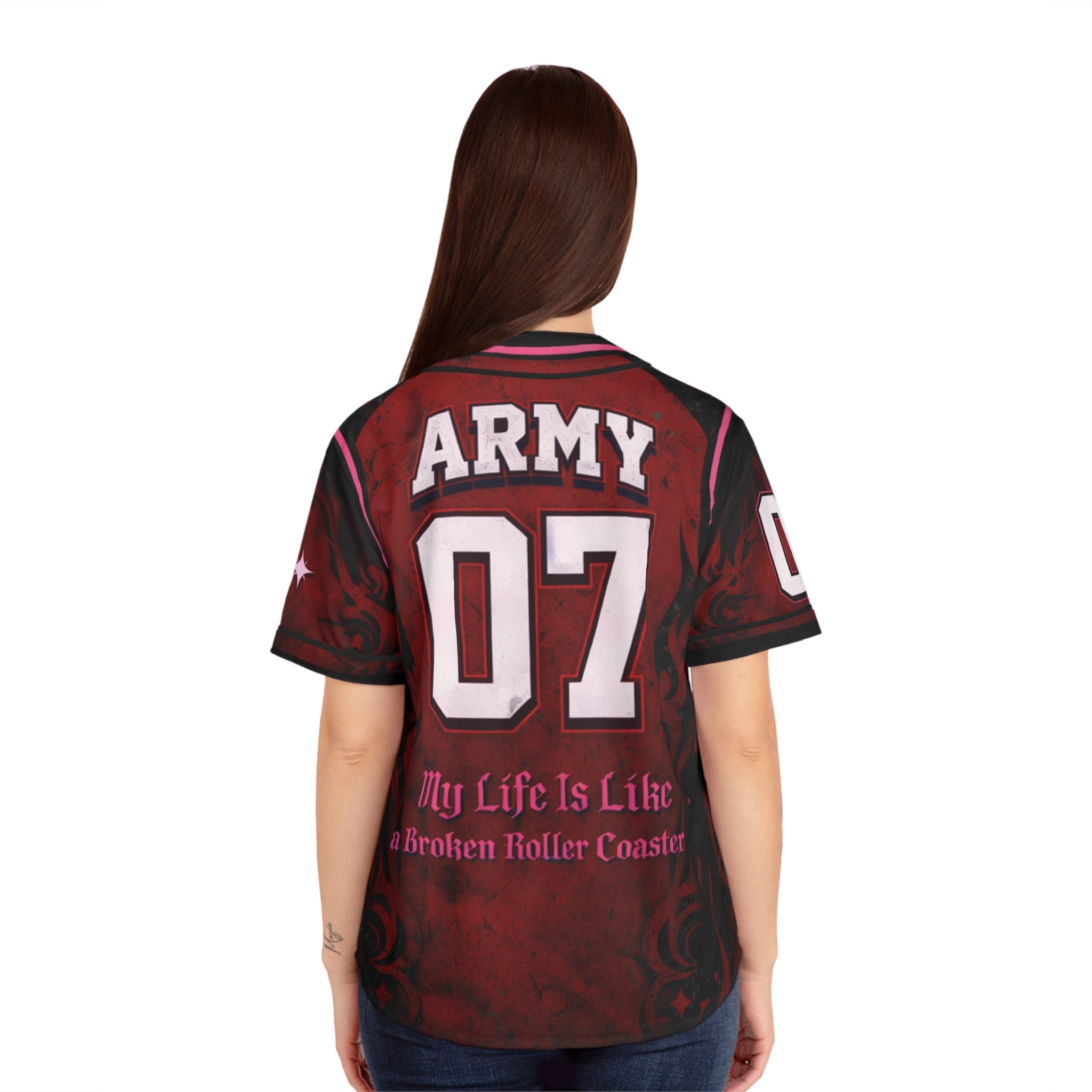 All-over print BTS Merry Go Round Jersey featuring colorful BTS concert design, worn by a model.