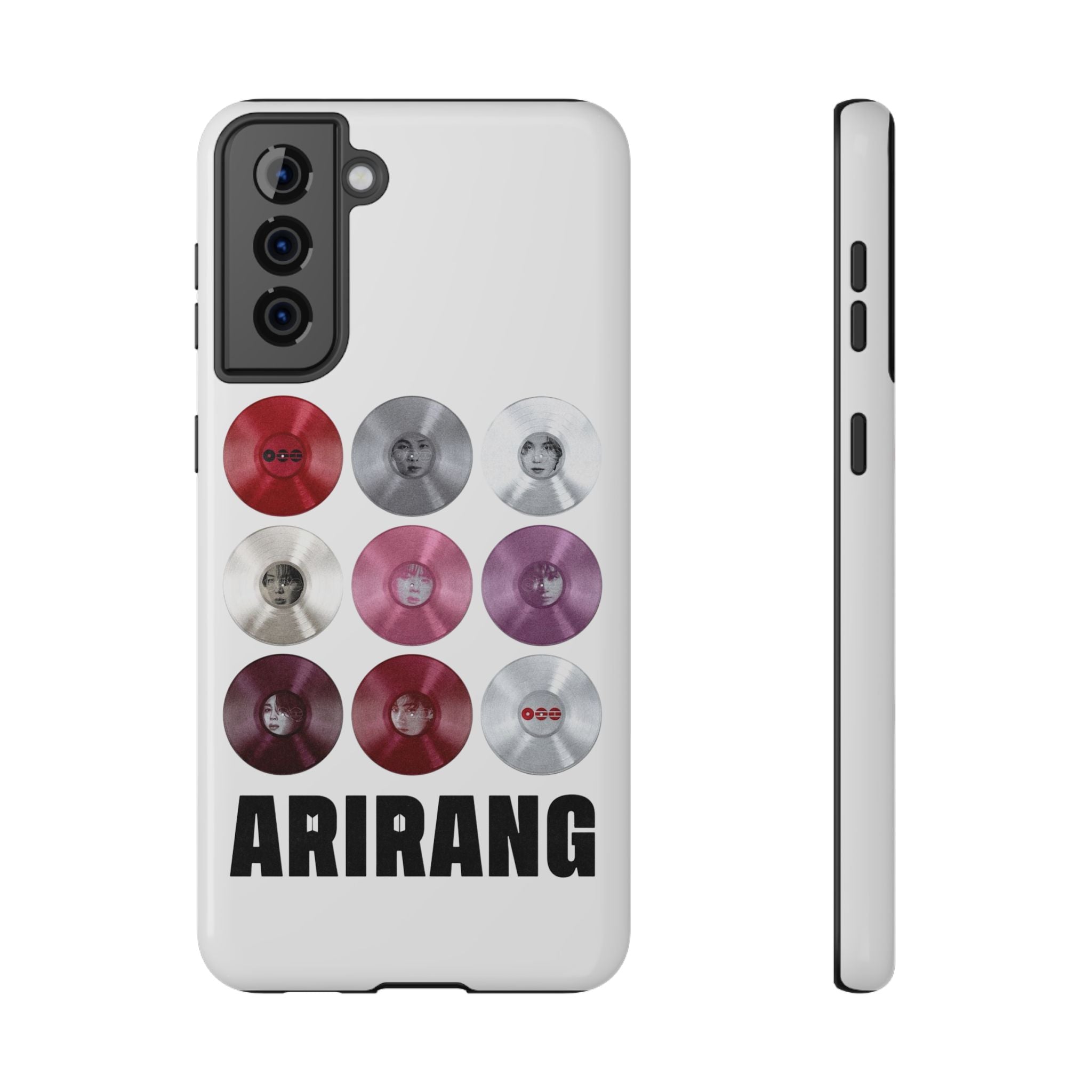 Printify BTS Arirang vinyl record grid phone case featuring impact-resistant design and fan merch-inspired artwork.