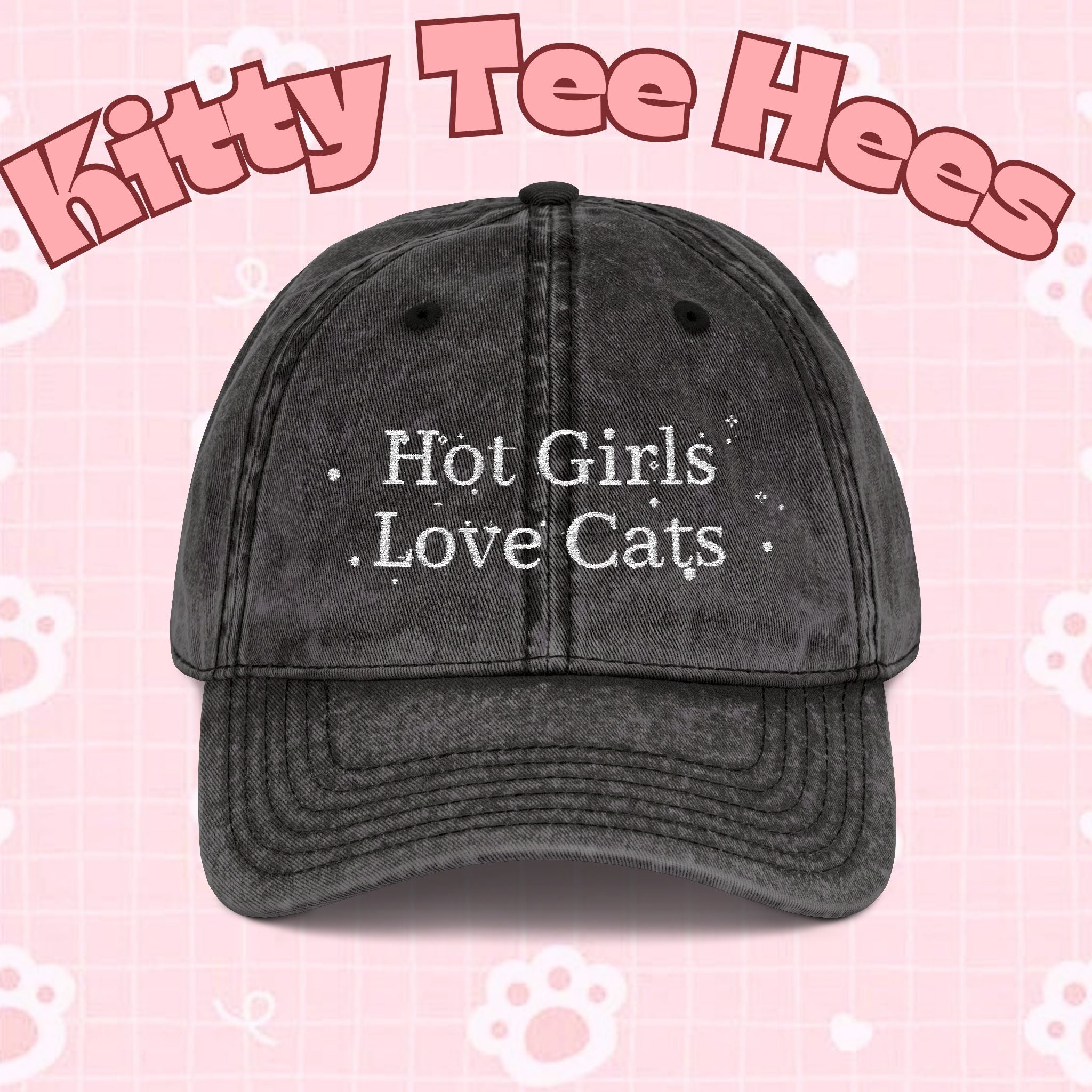 Vintage style embroidered hat with "Hot Girls Love Cats" design, casual wear accessory by Printify
