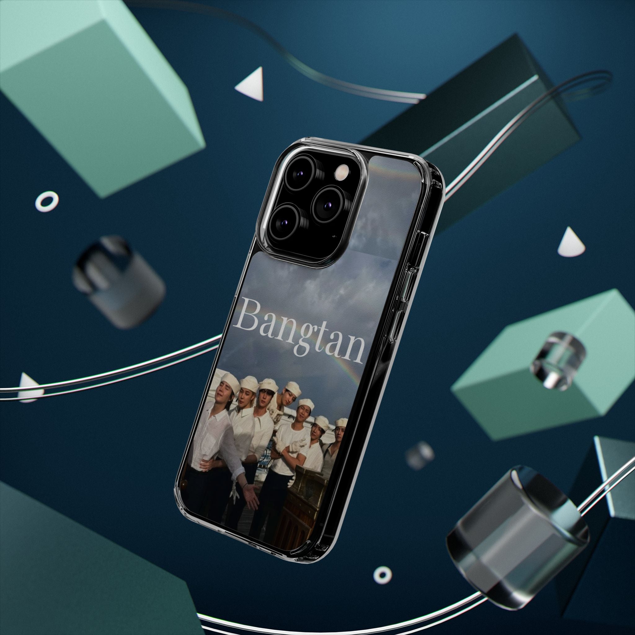Clear impact-resistant phone case featuring cute Bangtan Boys K-pop design, compatible with smartphones.
