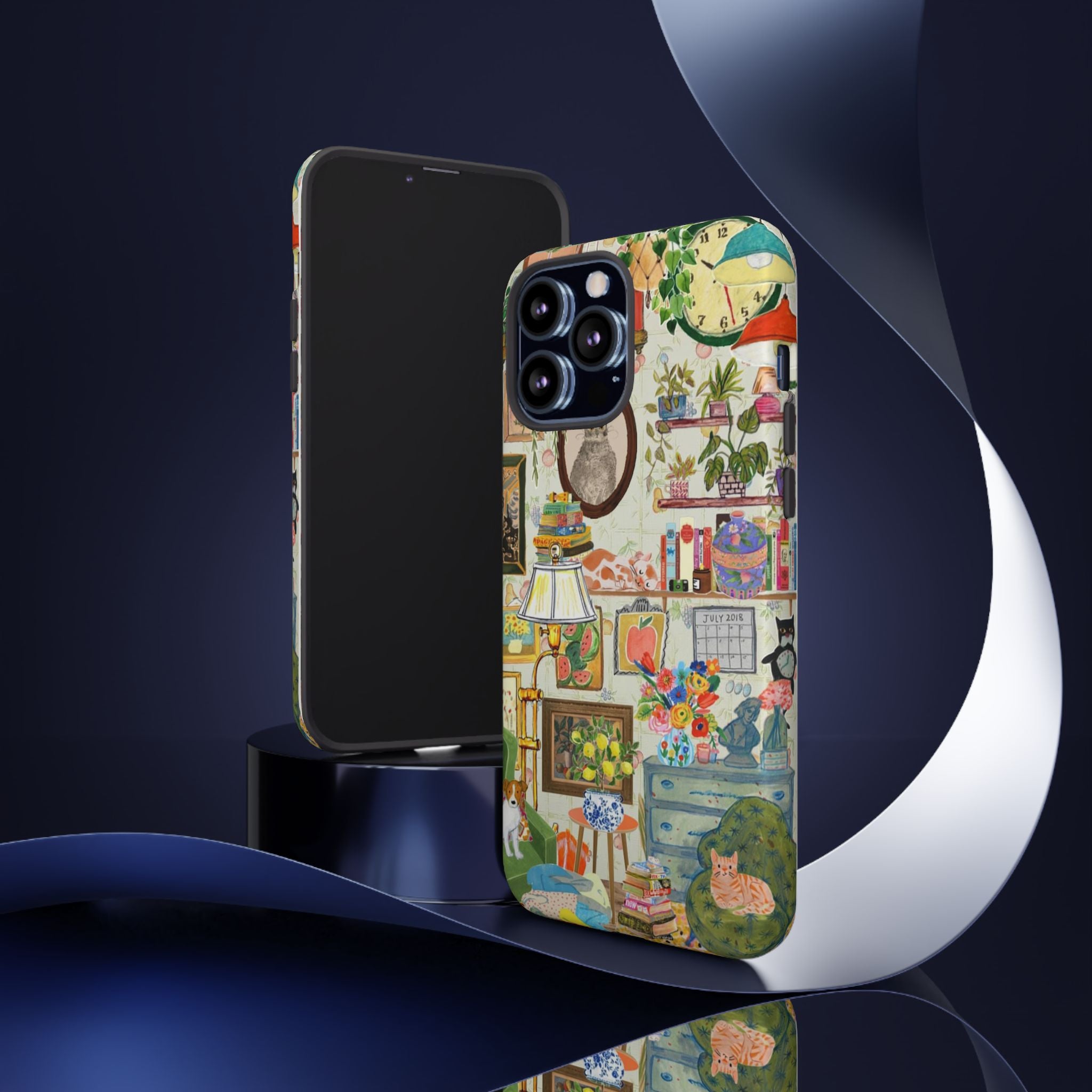 Printify cute cat portrait phone case for iPhone 17, stylish and cozy design featuring a cozy living room pet home theme.