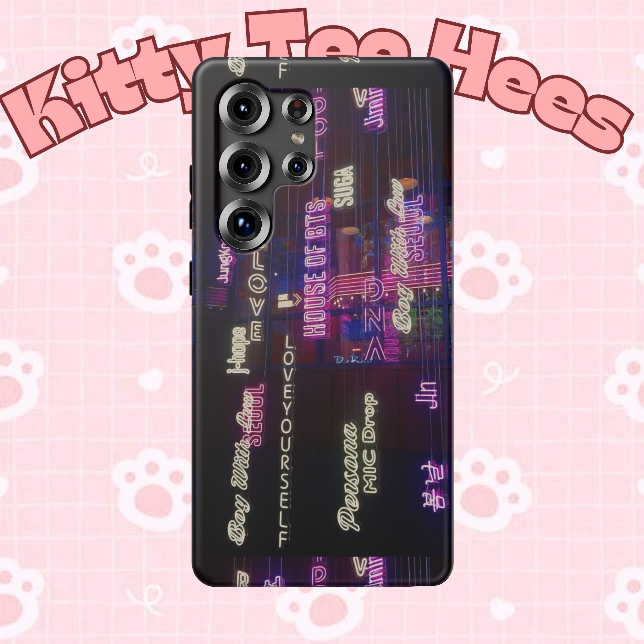 Neon Korean script BTS phone case for iPhone and Samsung, impact-resistant, with bold neon lettering and BTS branding.