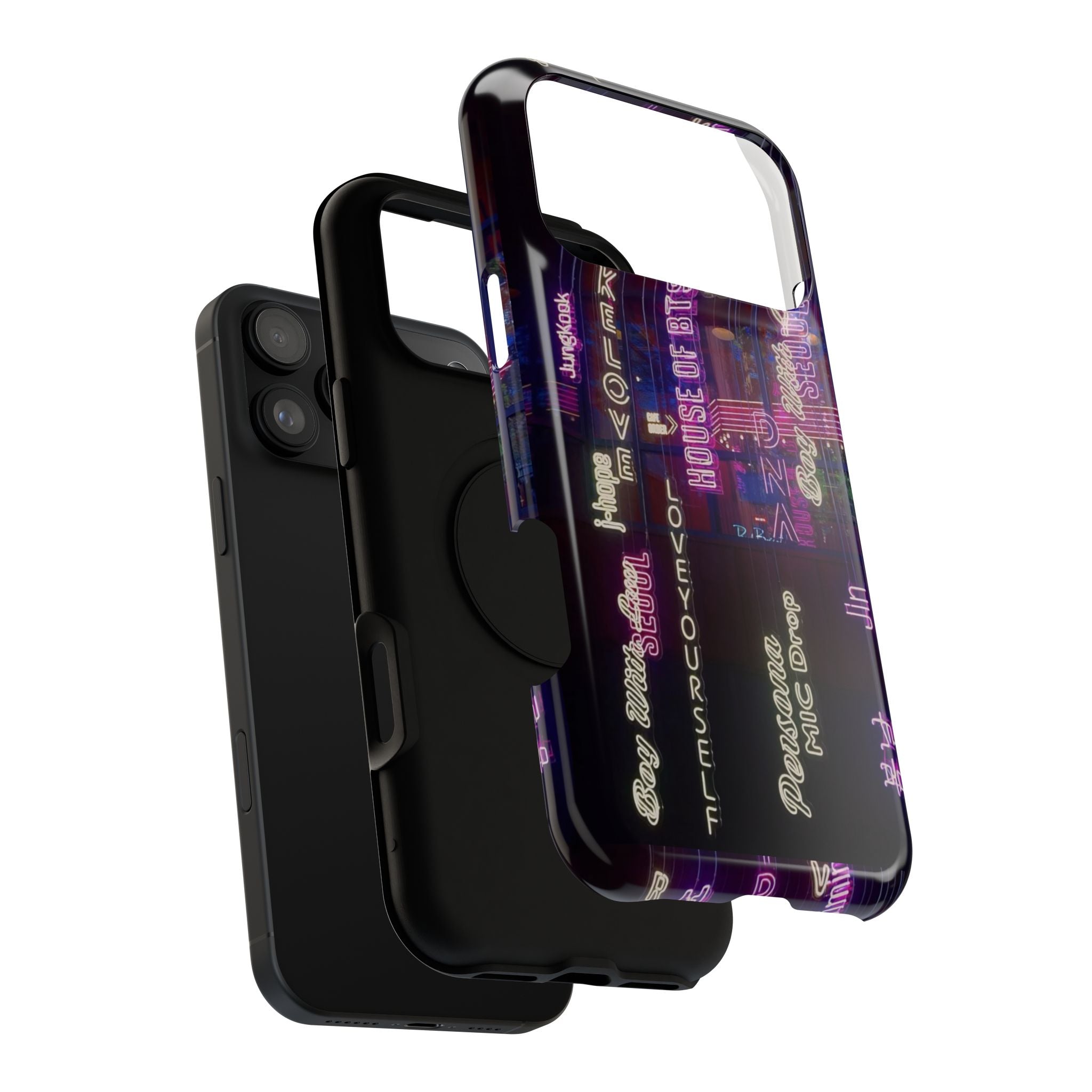 Neon Korean script BTS phone case for iPhone and Samsung, impact-resistant design with Bangtan Sonyeondan branding.