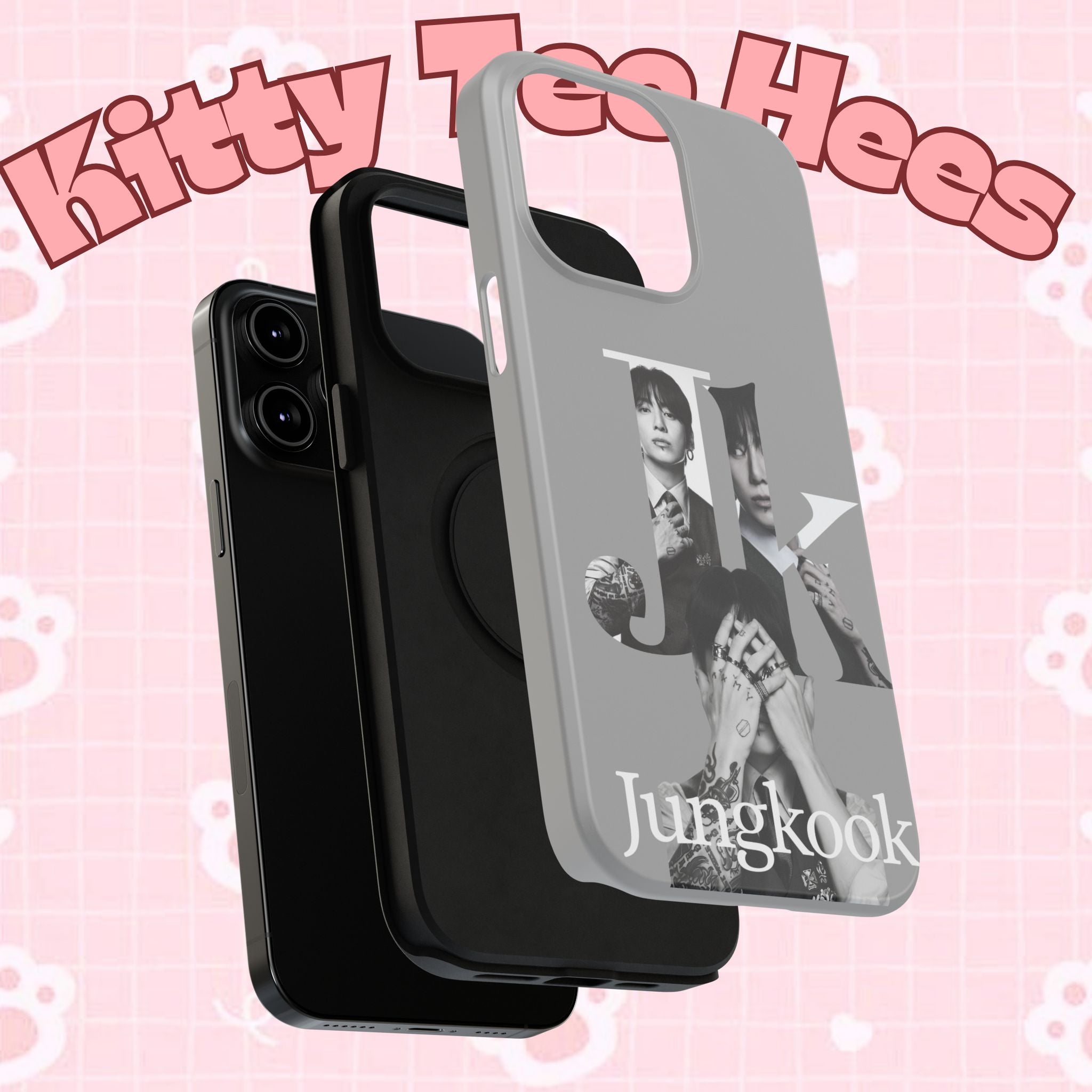 Monochrome BTS Jungkook phone case by Printify featuring impact-resistant design and letter graphics for a stylish look.