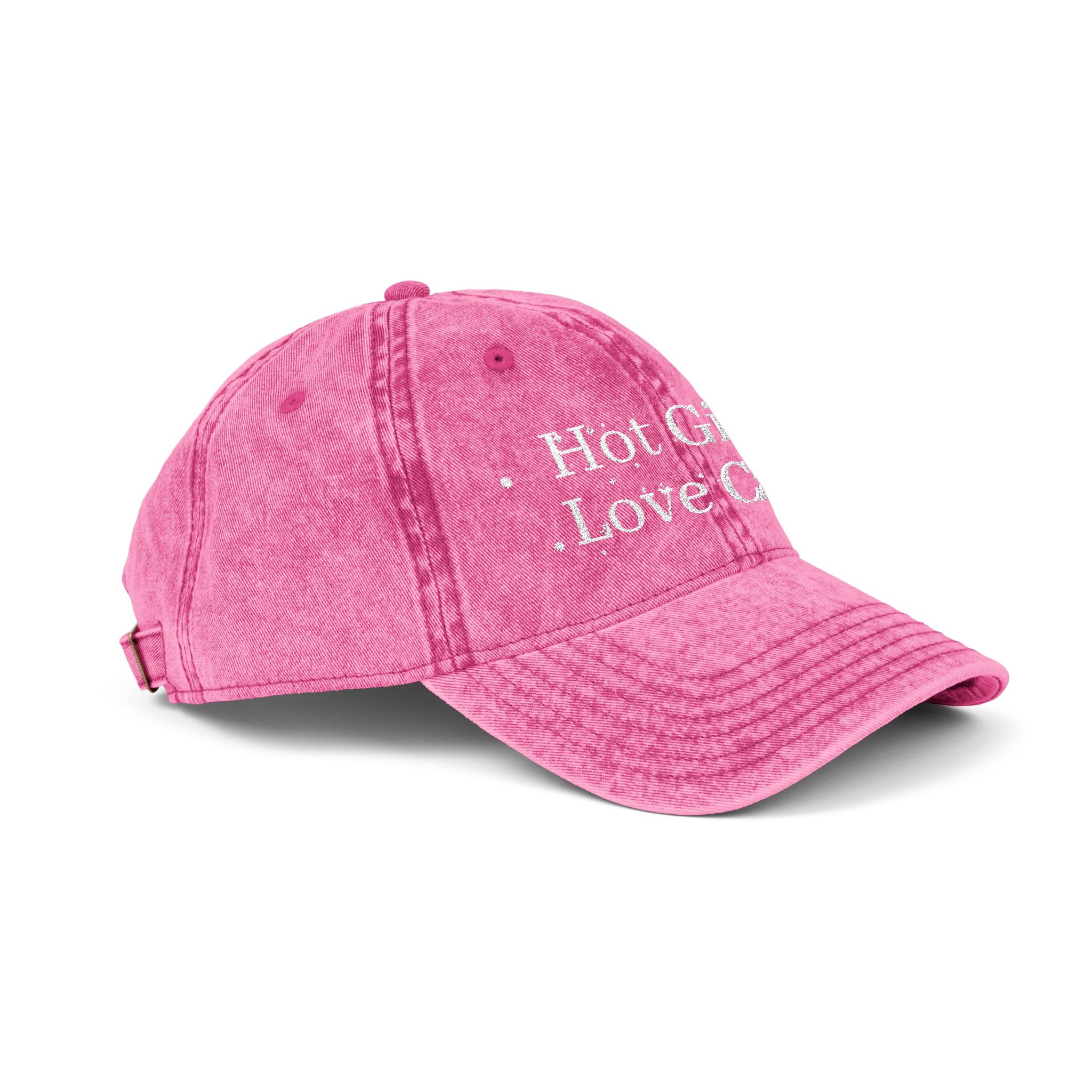 Vintage style embroidered hat featuring "Hot Girls Love Cats" design, casual wear accessory by Printify with a playful cat theme.