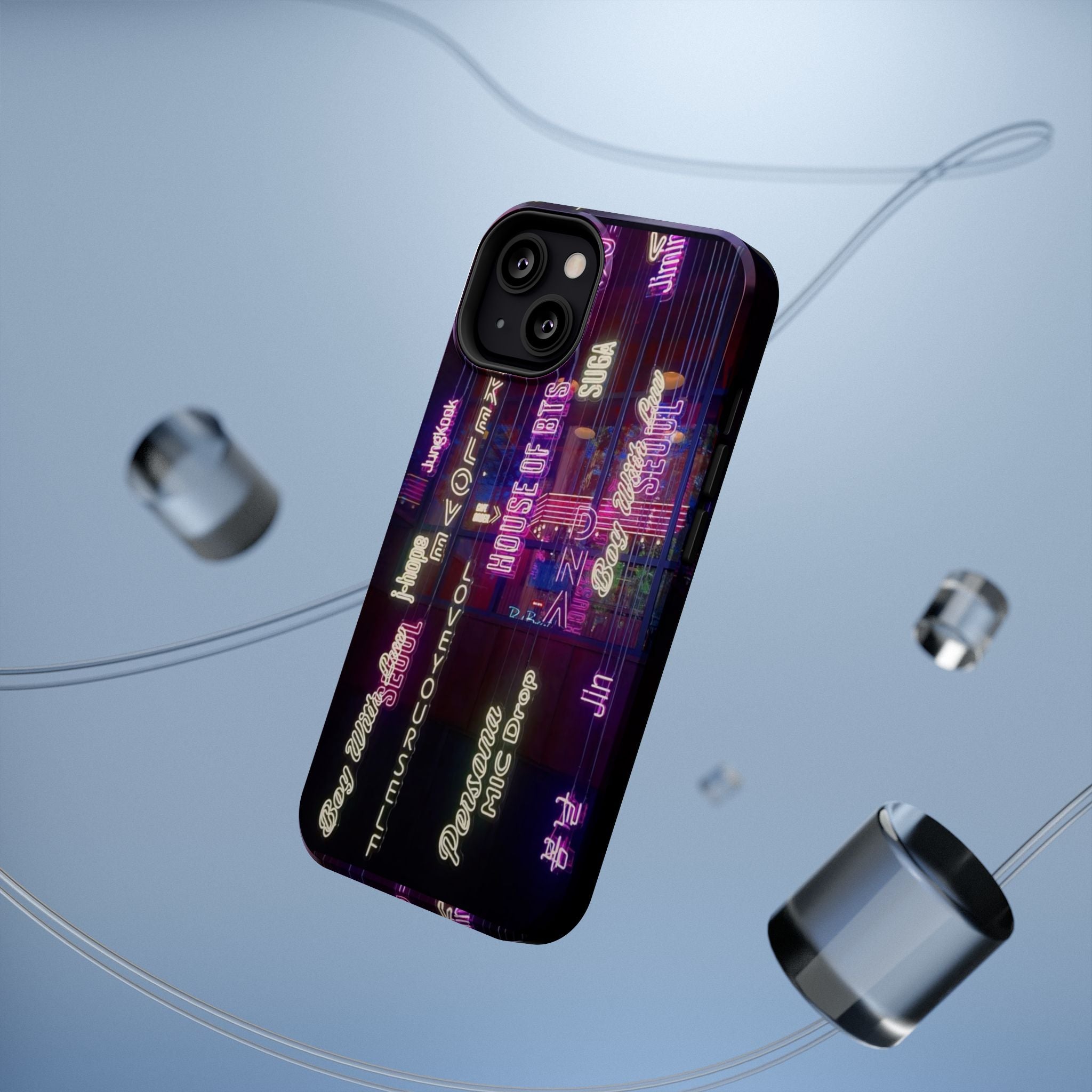 Neon Korean script phone case for iPhone and Samsung, impact-resistant BTS Bangtan Sonyeondan phone case by Printify.