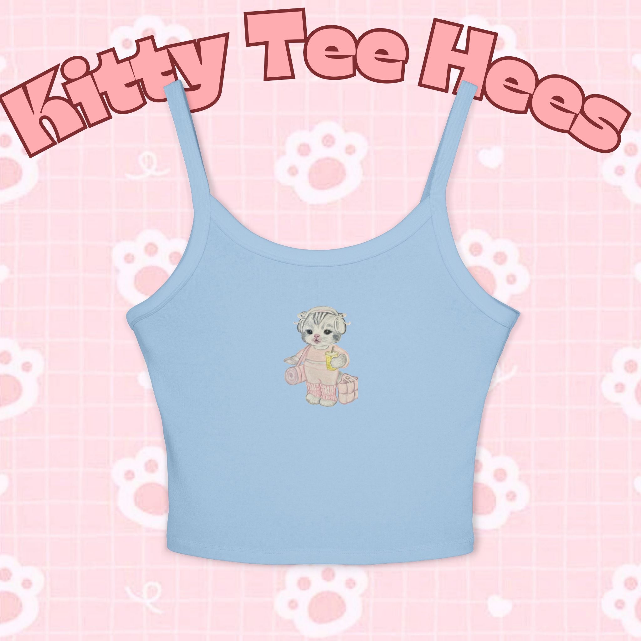 Cute bear print Pilates cat and yoga cat design on trendy spaghetti strap tank top for women, perfect for summer wear.