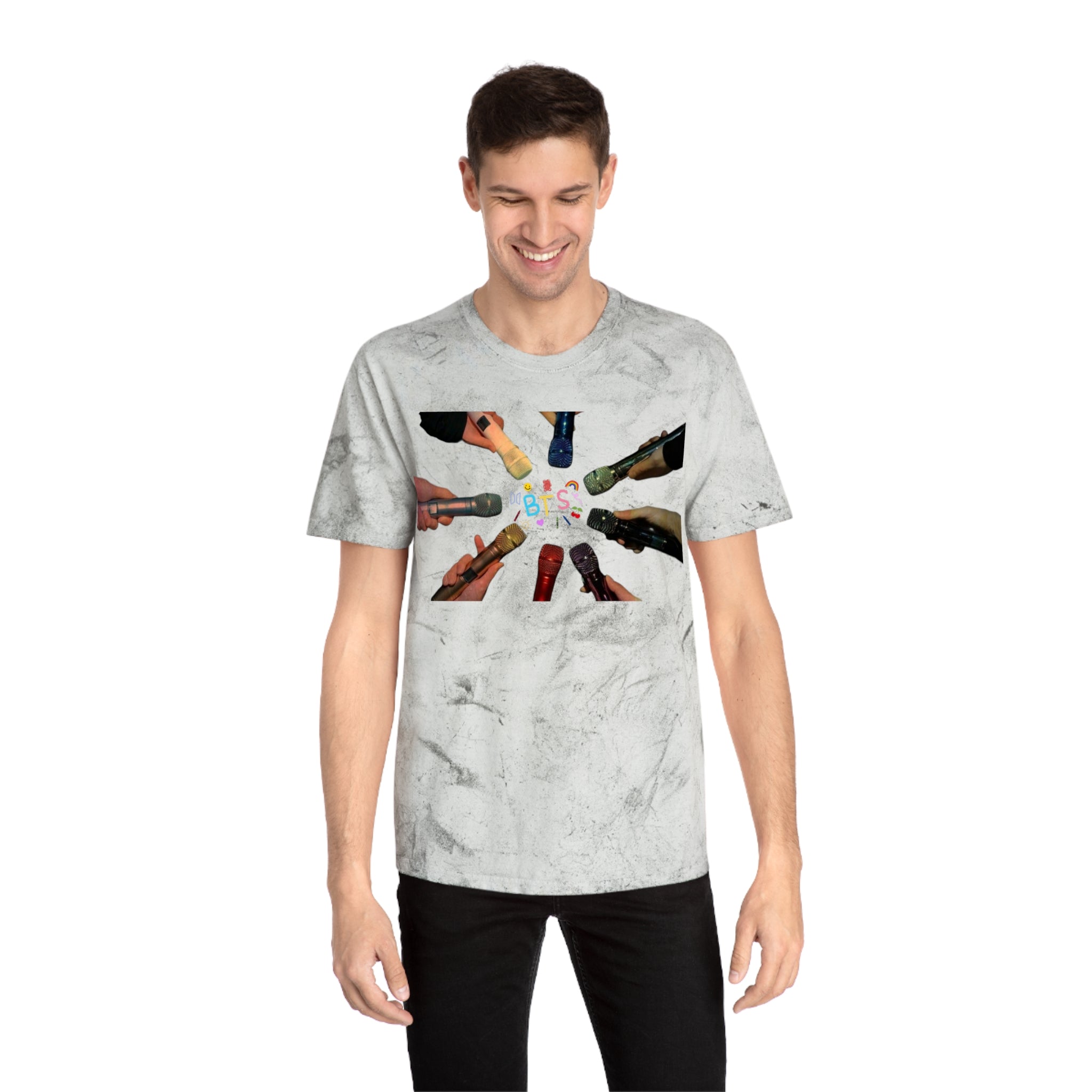 Colorful BTS concert T-shirt featuring rainbow mic and logo design, inspired by K-Pop and BTS 2026 concert fashion.