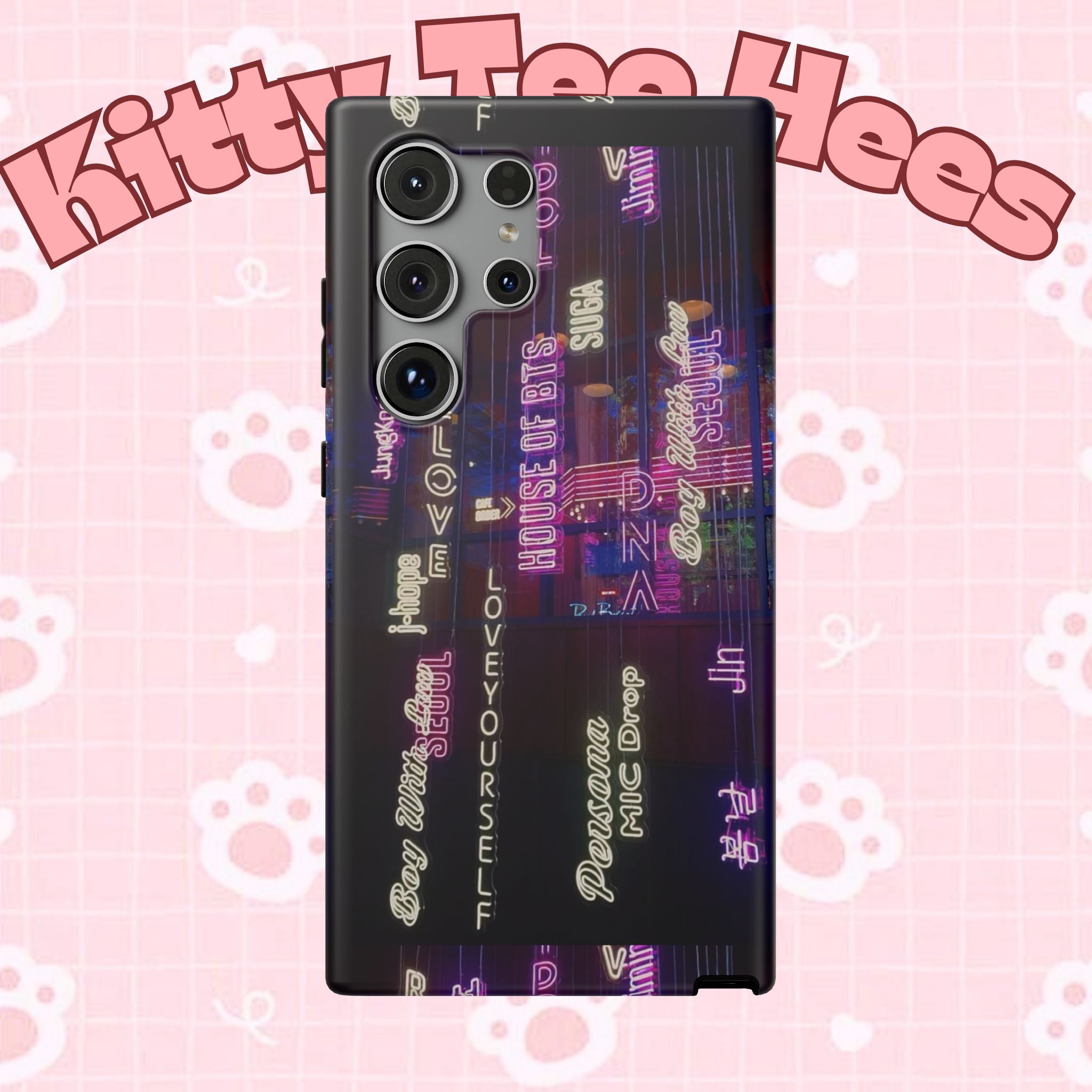 Impact-resistant BTS phone case with neon Korean script design for iPhone and Samsung, featuring Bangtan Sonyeondan branding.