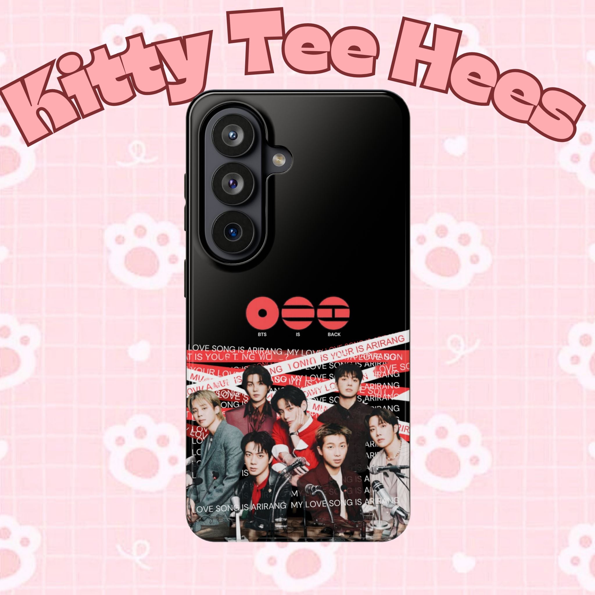 Custom BTS Bangtan phone case featuring fanmade K-pop band photo, impact-resistant design for iPhone or Android devices.
