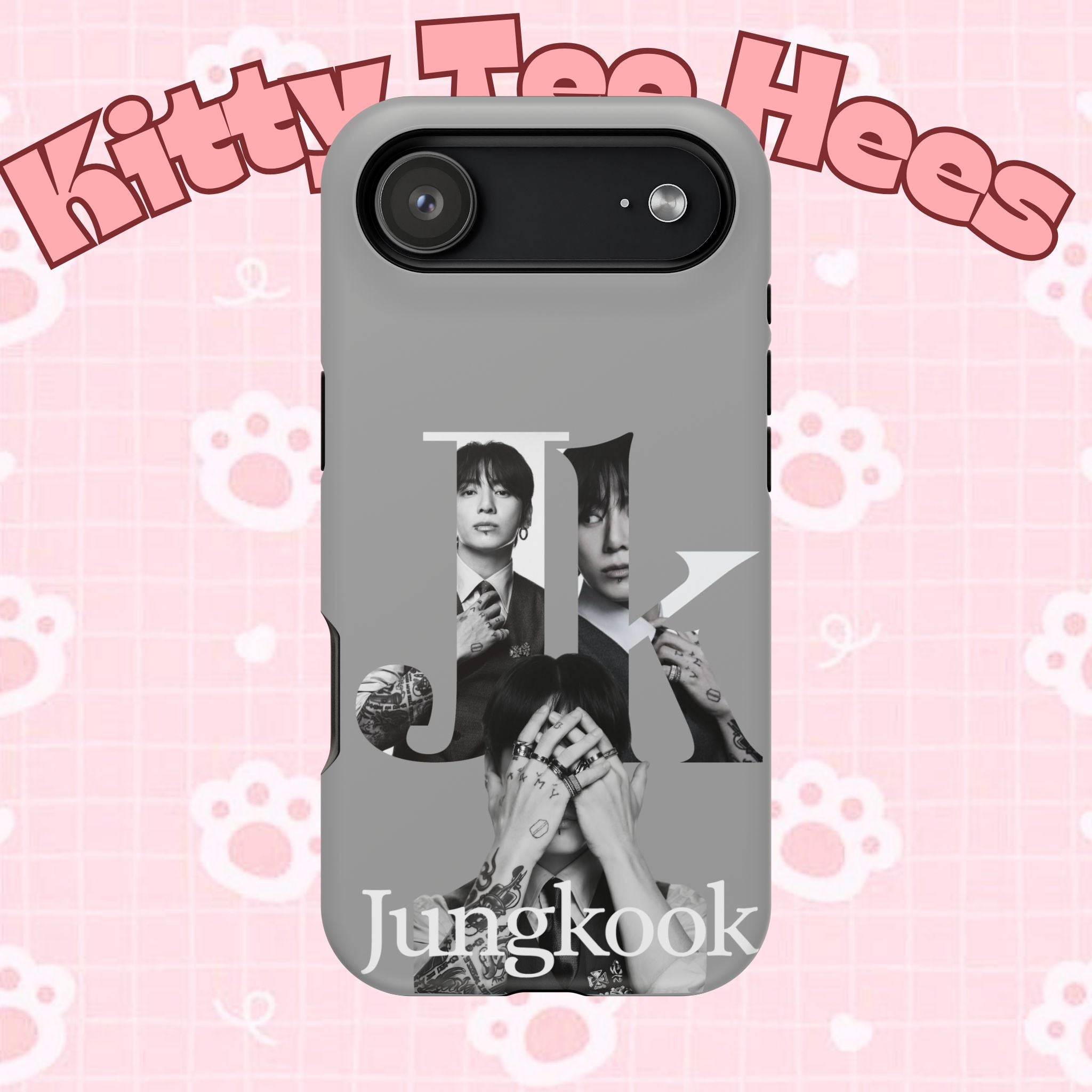 Monochrome BTS Jungkook phone case with letter design, impact-resistant Printify accessory for Samsung or iPhone.