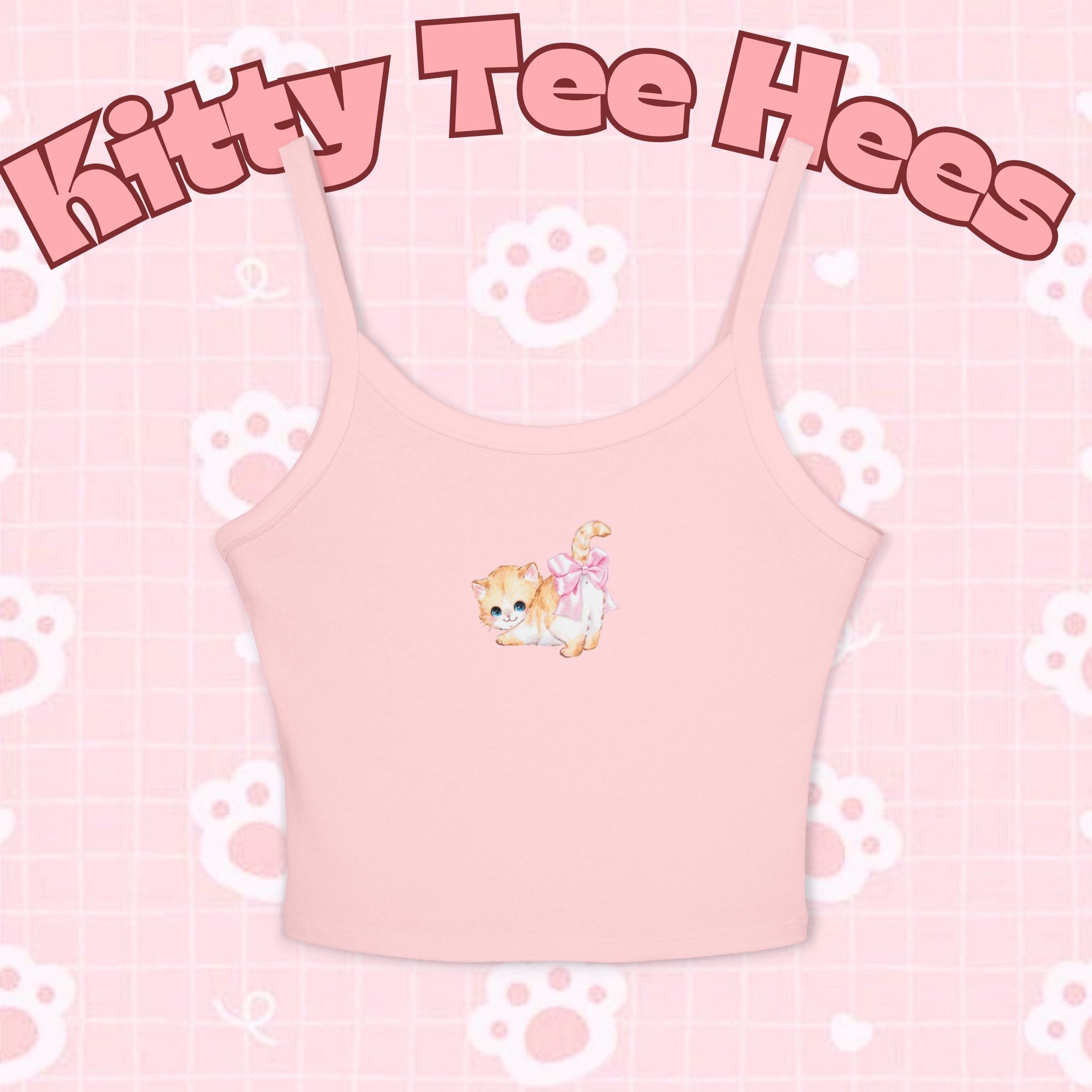 Cat print women's spaghetti strap tank top with bow, casual summer shirt, fun fashion for cat lovers, by Printify.