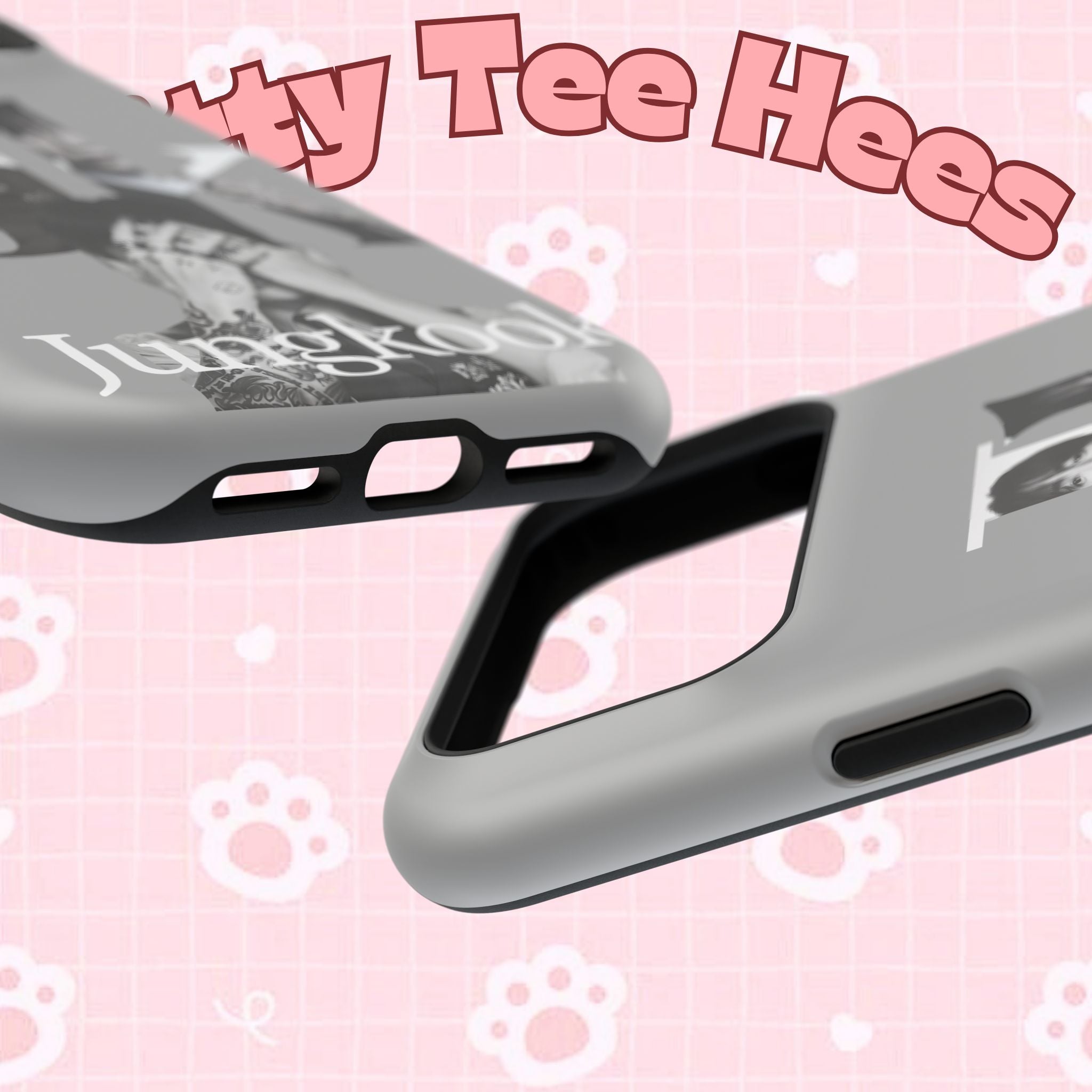 Monochrome BTS Jungkook phone case with impact-resistant design, featuring letter motif and Printify branding.