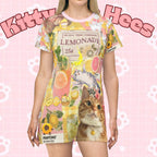 Pink lemonade kitty t-shirt dress with all-over print featuring cute cat design, comfortable casual style by Printify.
