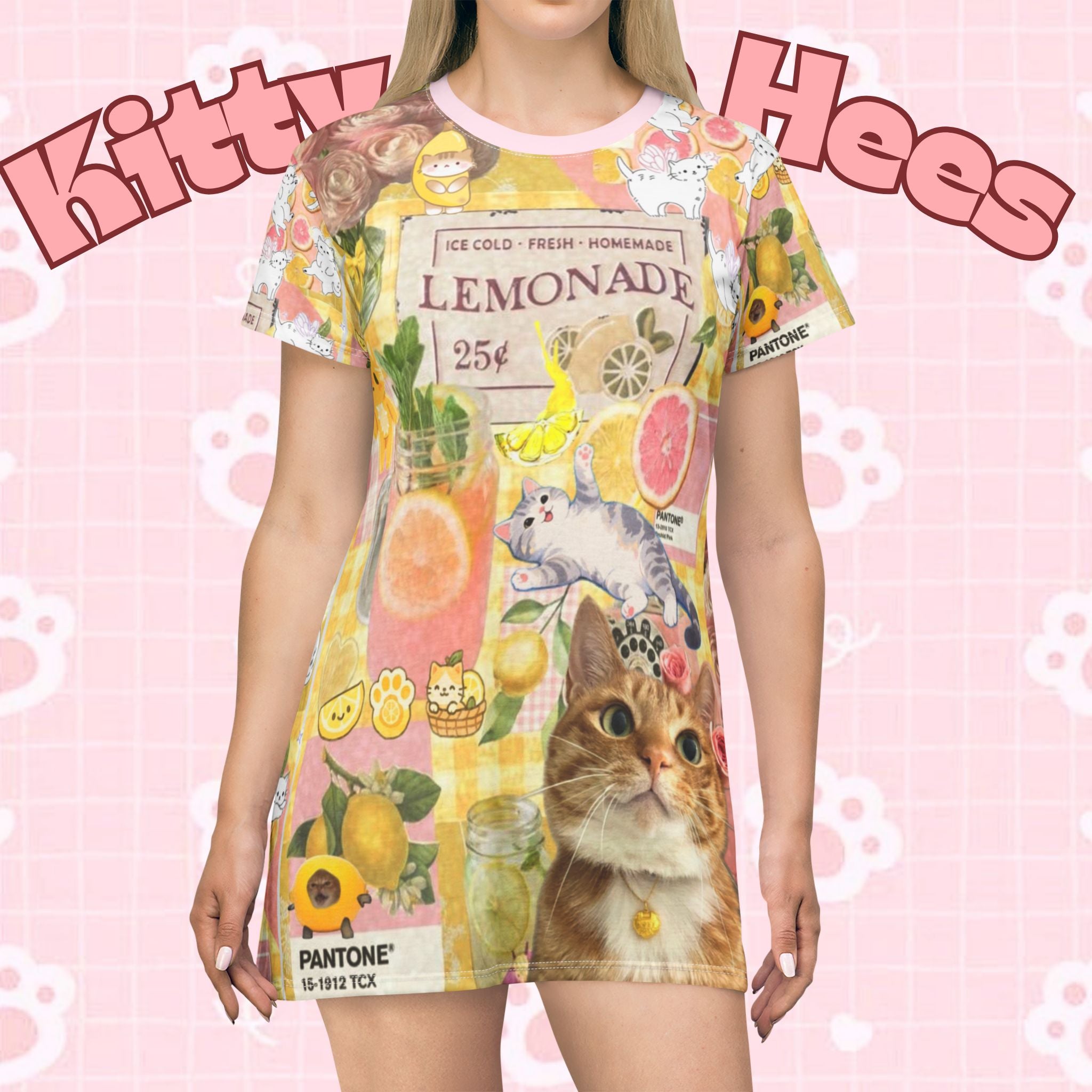 Pink lemonade kitty t-shirt dress with all-over print featuring cute cat design, comfortable casual style by Printify.