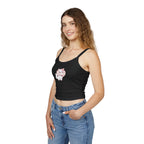 Pink coquette kitty tank top for women featuring spaghetti straps, sleeveless design, perfect for casual summer wear.