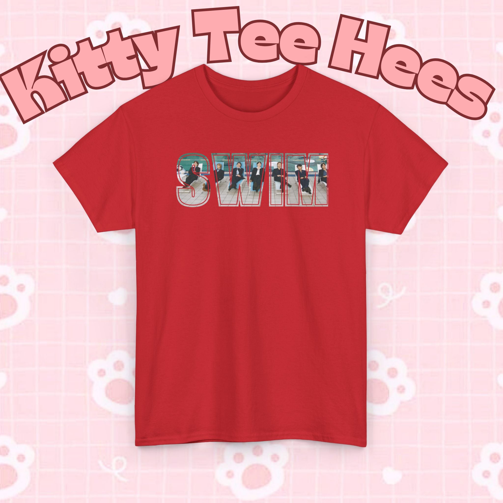 Printify BTS swim graphic T-shirt featuring Arirang pool design and Bangtan back print, ideal for BTS fans and concert attire.