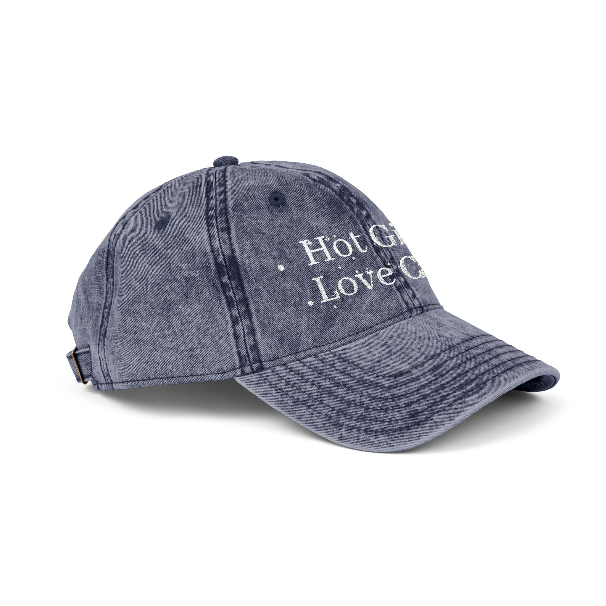 Vintage style embroidered hat featuring "Hot Girls Love Cats" text, casual wear accessory with colorful cat design.