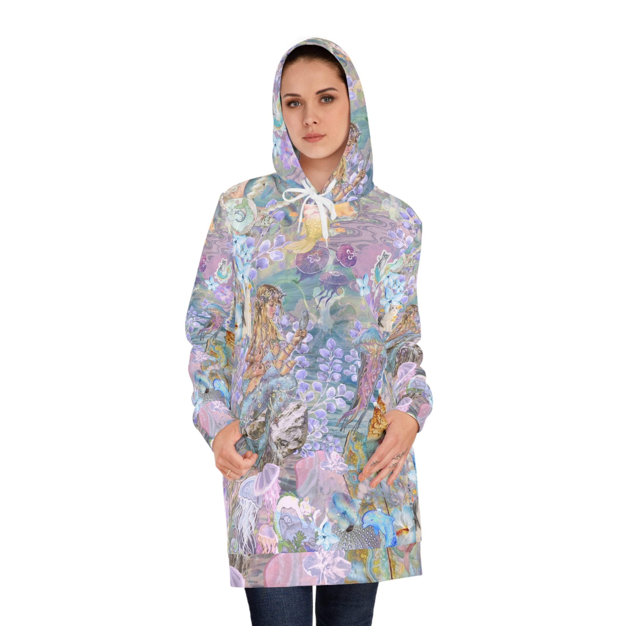 Mermaid Dreams women's hoodie dress with vibrant fantasy ocean print, cozy casual wear ideal for beach days and ocean lovers.
