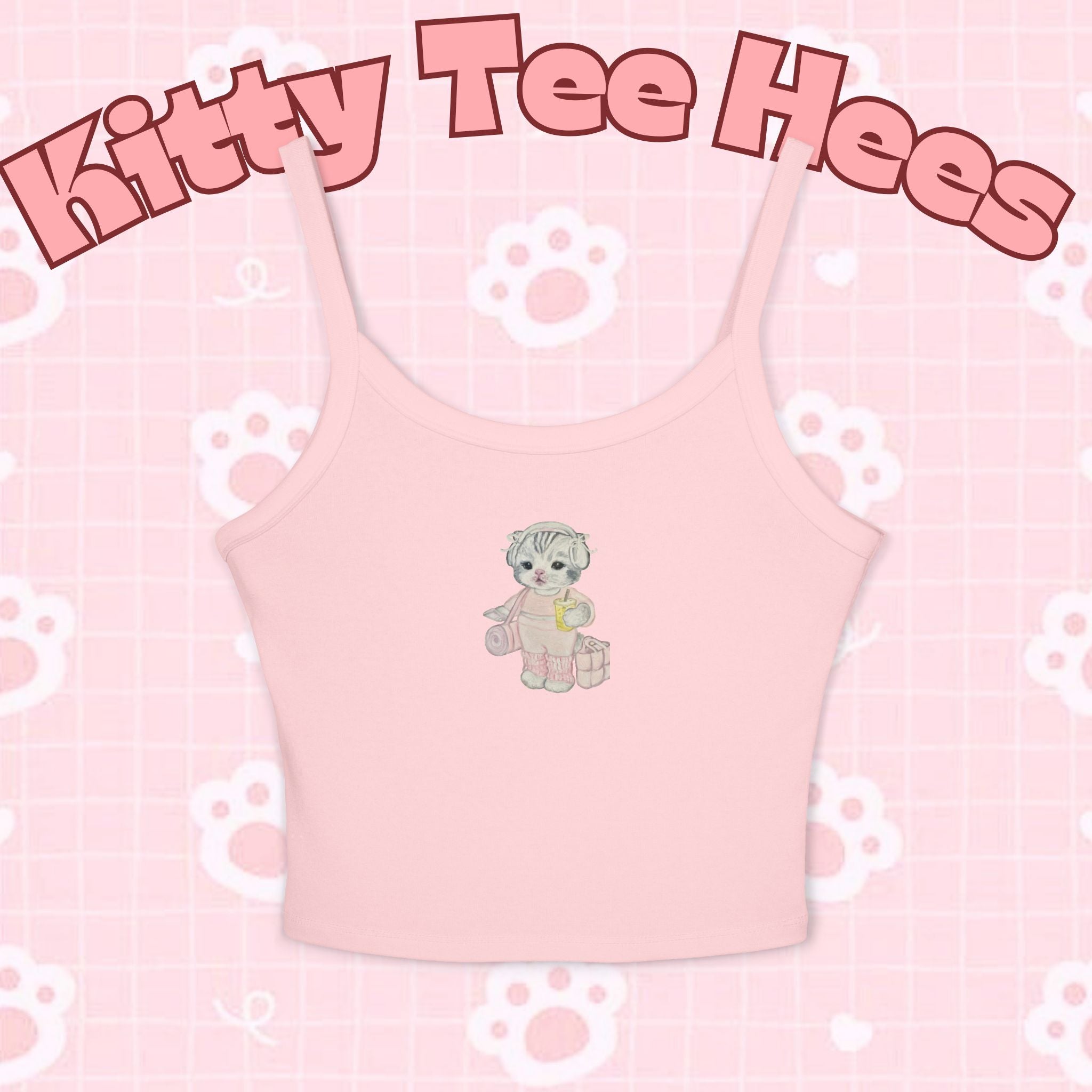 Cute pink spaghetti strap tank top for women featuring a Pilates cat and yoga cat design, perfect for summer casual wear.