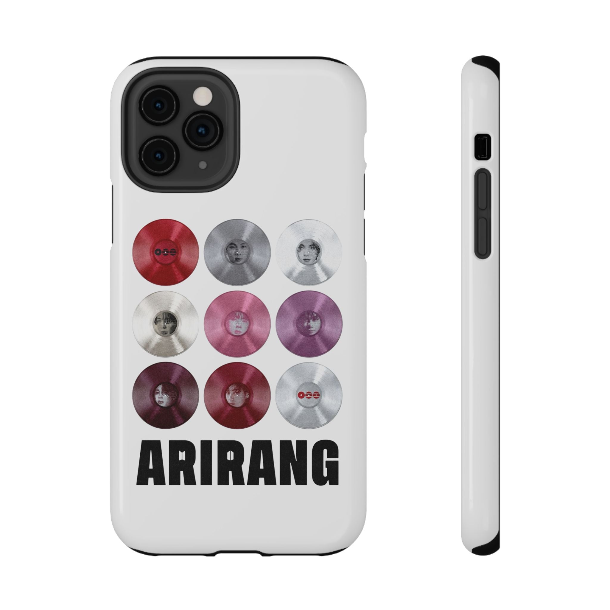 Printify Bangtan Arirang BTS vinyl record phone case with grid design, impact-resistant material, featuring cool BTS fan merch artwork.