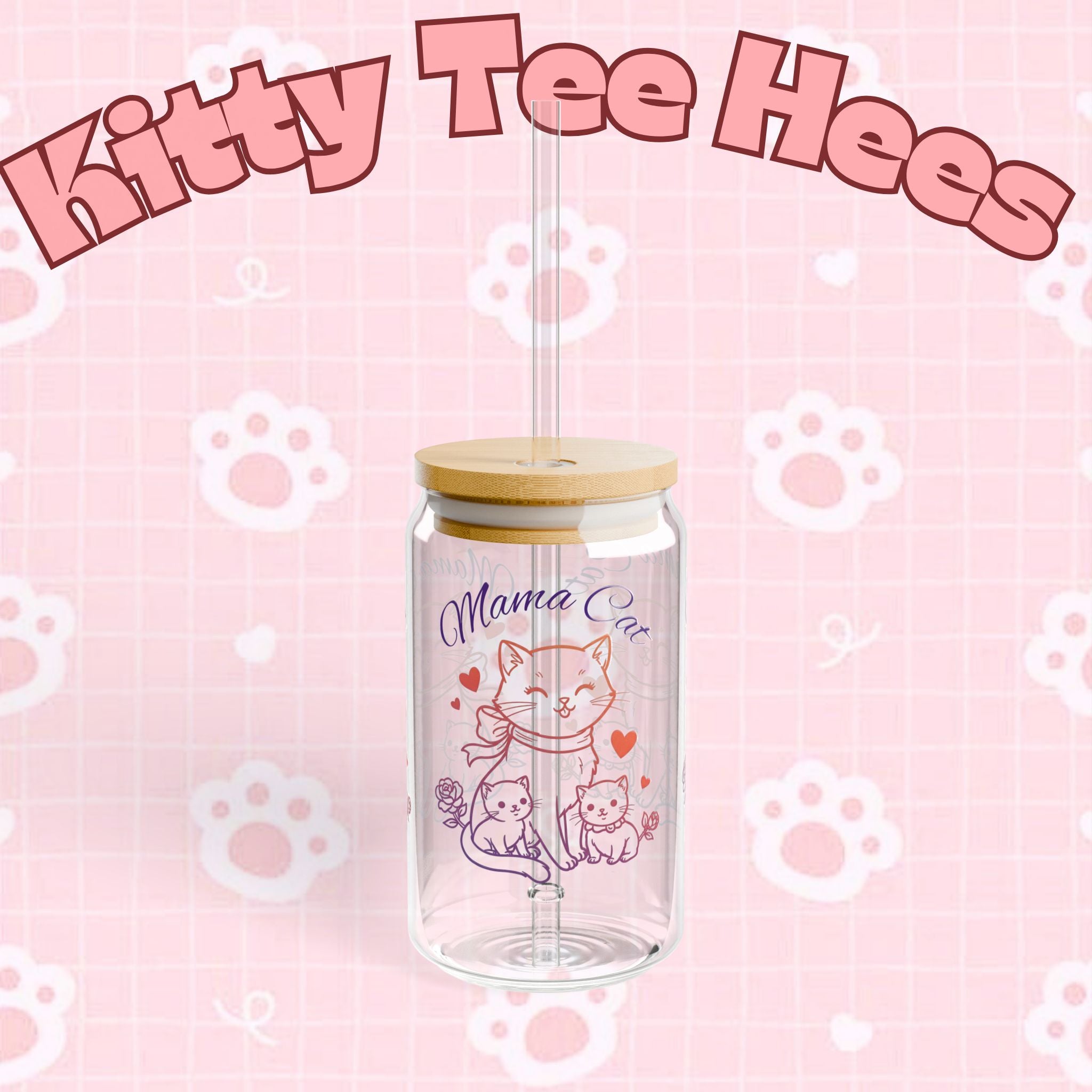 Cute Mama Cat glass water bottle with cat design, 16oz drinkware for cat lovers, perfect for Mother's Day or cat mom gifts