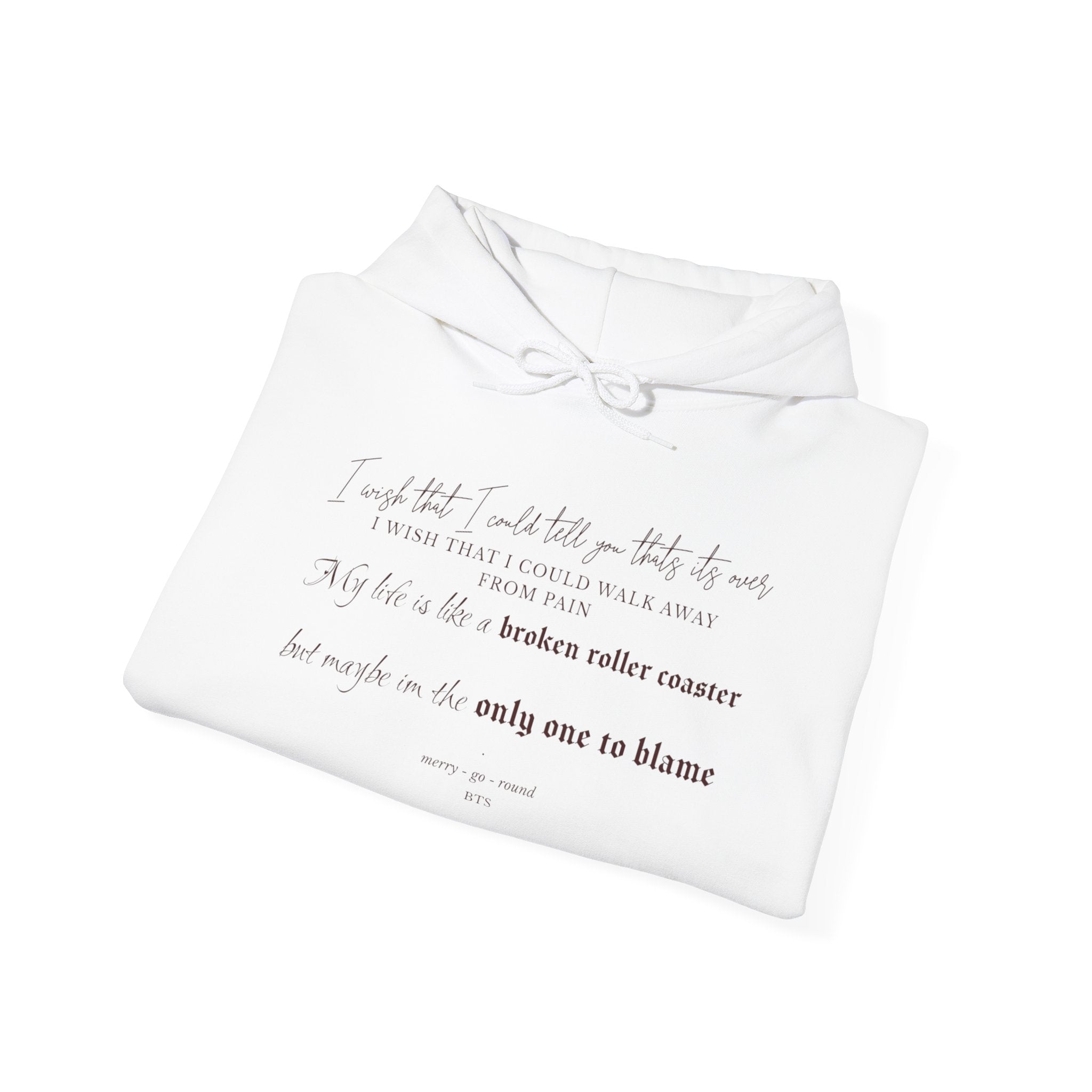 BTS Merry-go-round Arirang 2026 hoodie with carousel illustration, Korean script sleeves, and BTS lyric design by Printify.