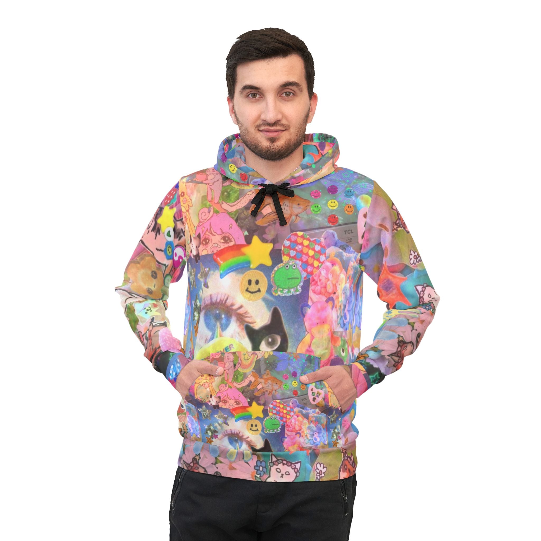 Colorful cat-inspired hoodie with vibrant all-over print, featuring a whimsical and fun graphic design for kids' casual wear.
