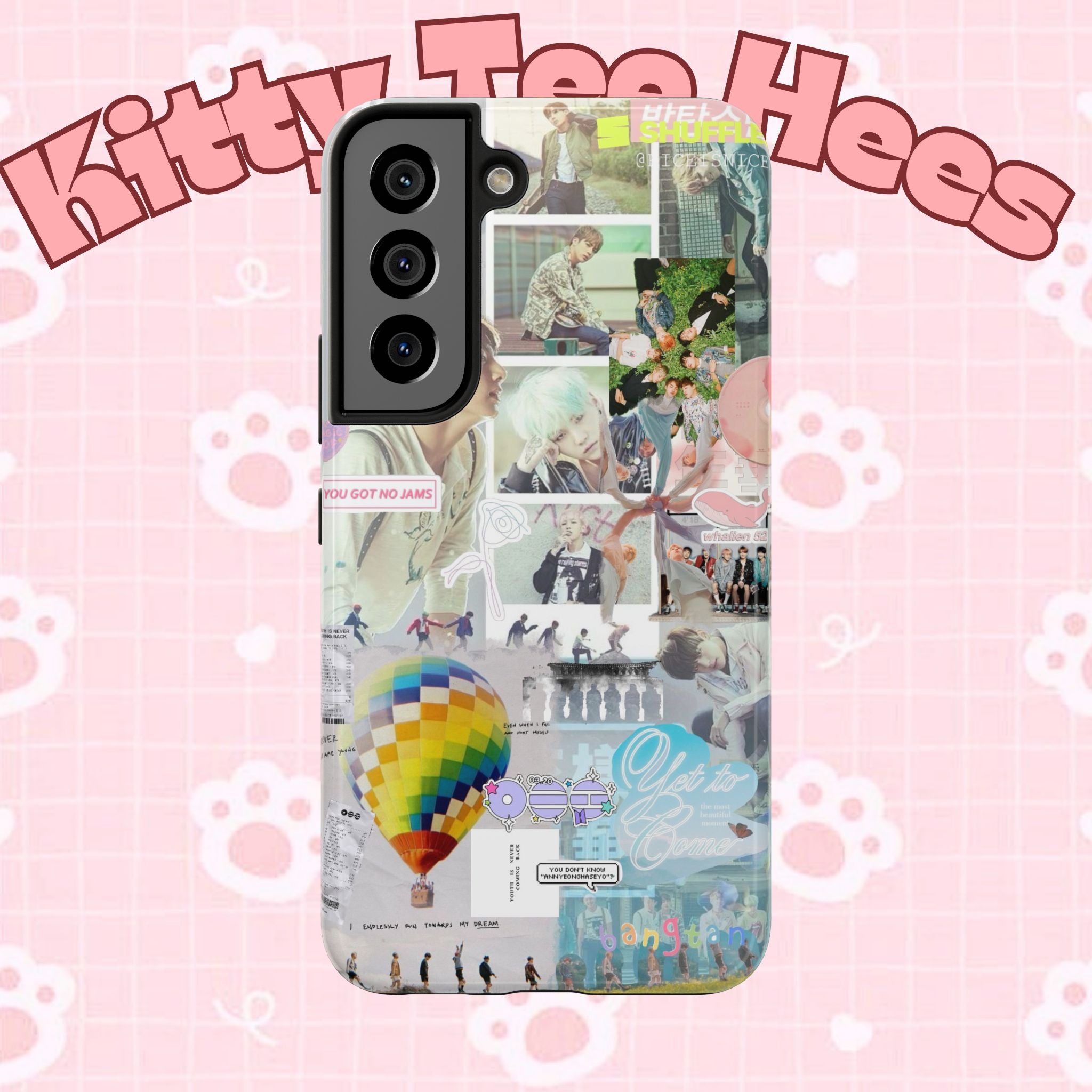 K-Pop BTS collage phone case for iPhone and Samsung with pastel hot air balloon aesthetic and vibrant photo collage design