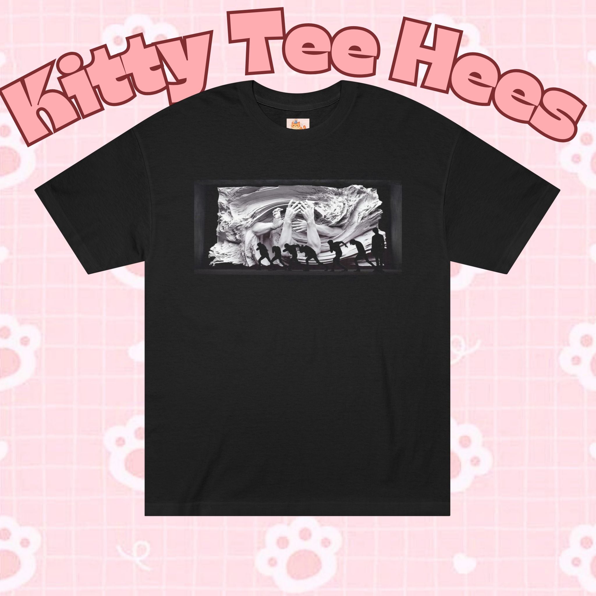 Black and white BTS graphic T-shirt featuring Blood Sweat and Tears inspired K-Pop photo print by Printify