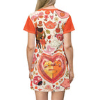 Orange Whimsical Cat Print T-Shirt Dress by Printify featuring playful cat designs, perfect for kids and adults, casual summer wear.