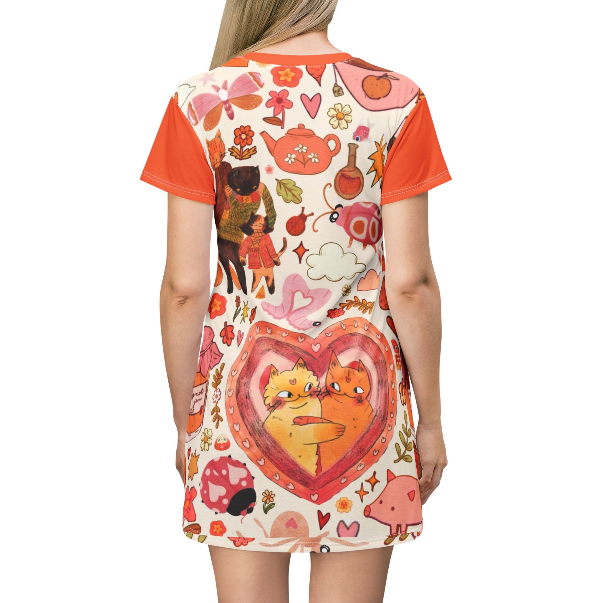 Orange Whimsical Cat Print T-Shirt Dress by Printify featuring playful cat designs, perfect for kids and adults, casual summer wear.
