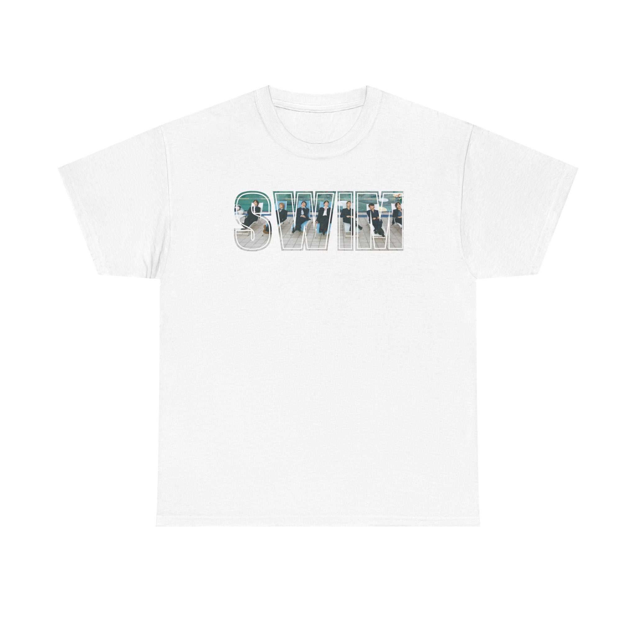 Arirang BTS Swim T-Shirt by Printify with pool graphic back design and Bangtan logo, casual BTS concert tee shirt.