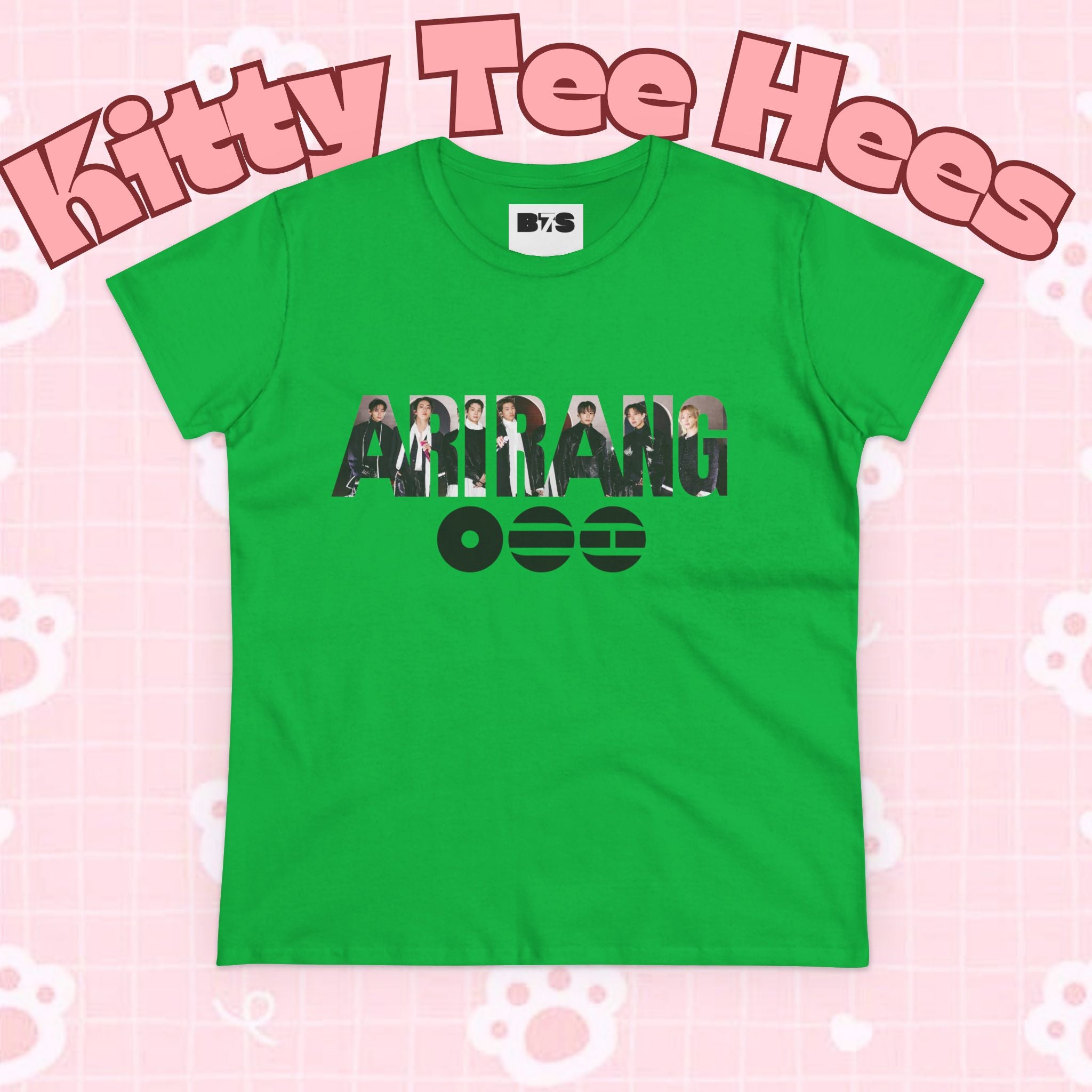 BTS ARIRANG graphic T-shirt featuring BTS logo and member names in colorful print, casual and stylish BTS band tee.
