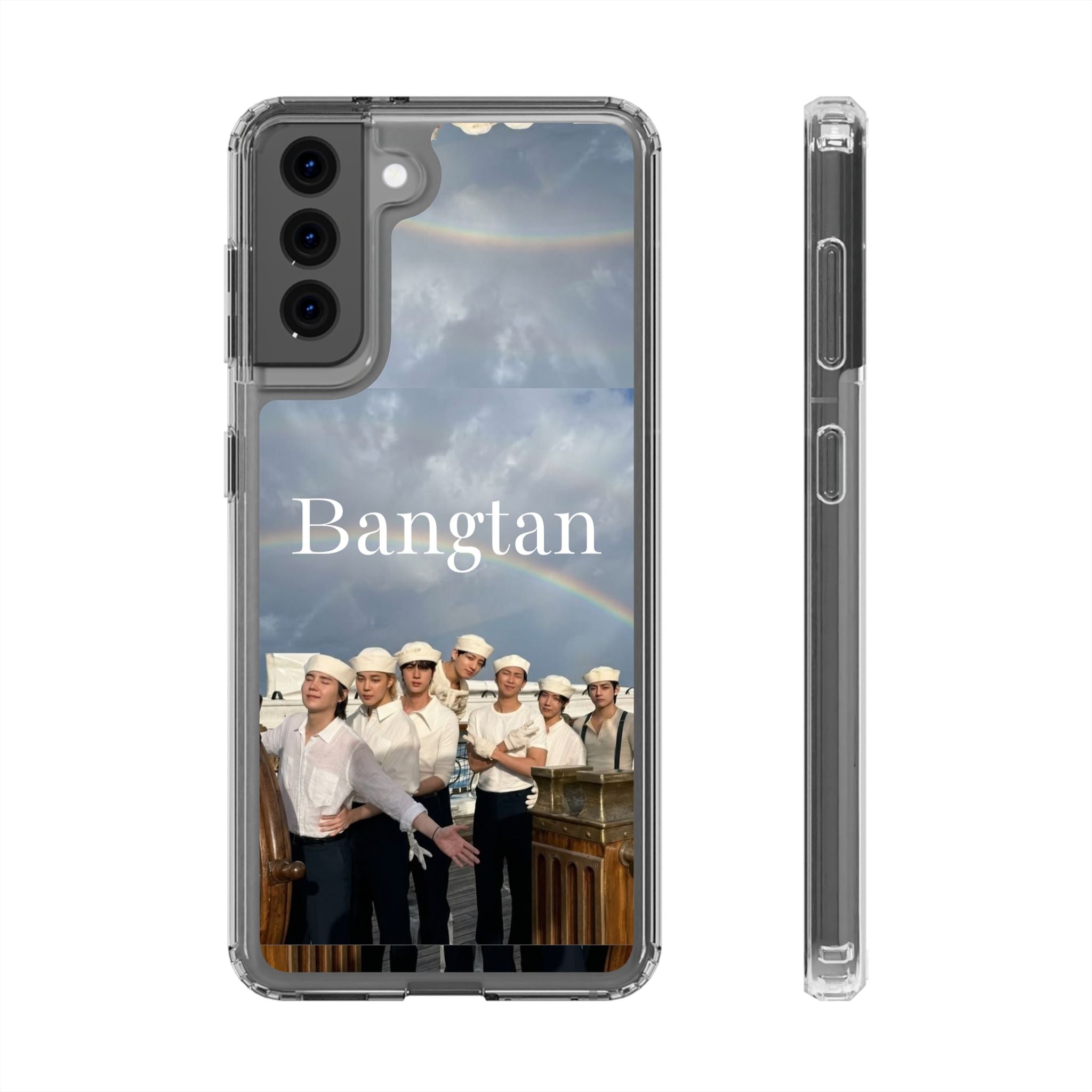 Clear impact-resistant phone case featuring Bangtan Boys K-pop design, perfect for protecting and showcasing your phone.