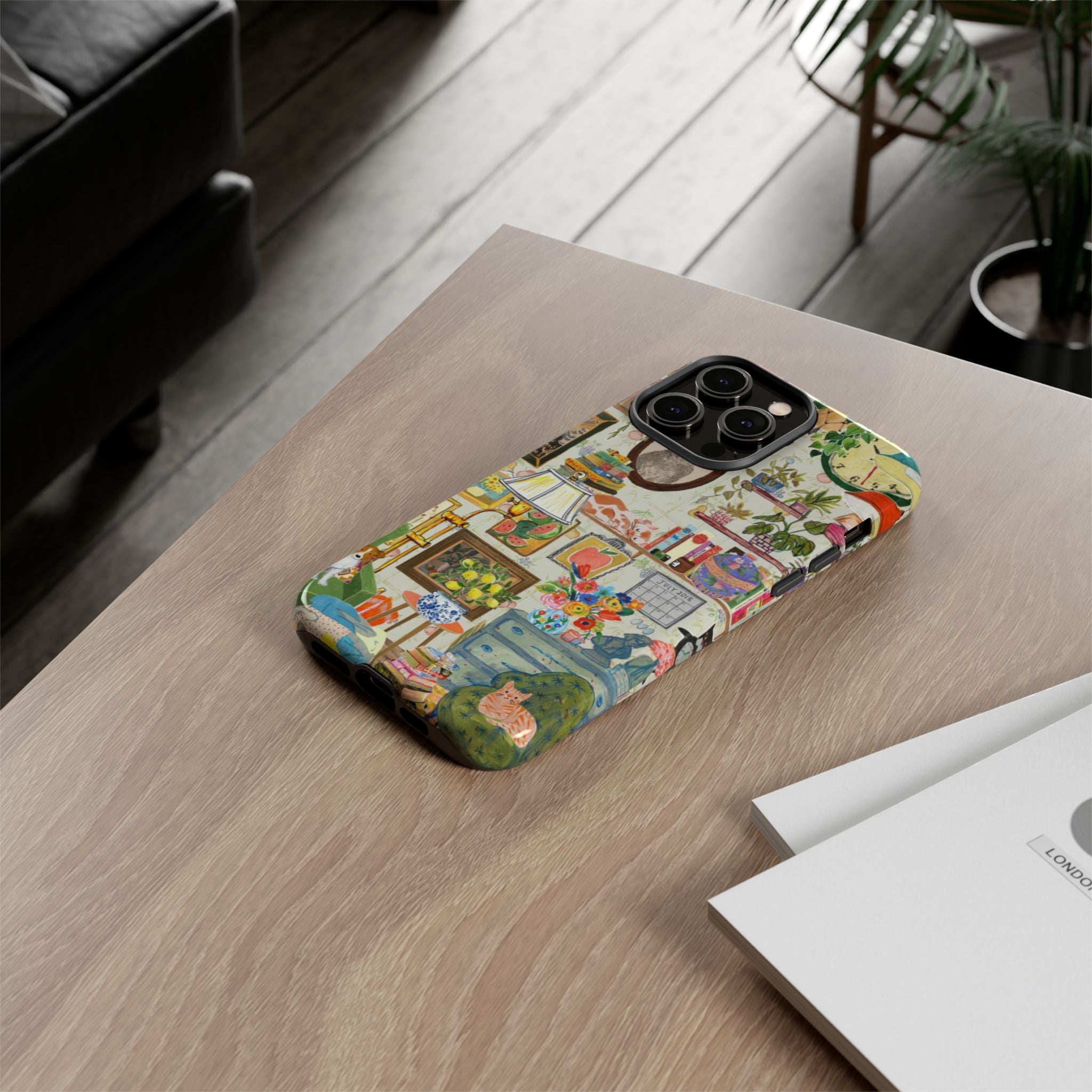 Cute cat portrait phone case for iPhone 17, stylish Printify framed living room pet home design with cozy, cool pet artwork.