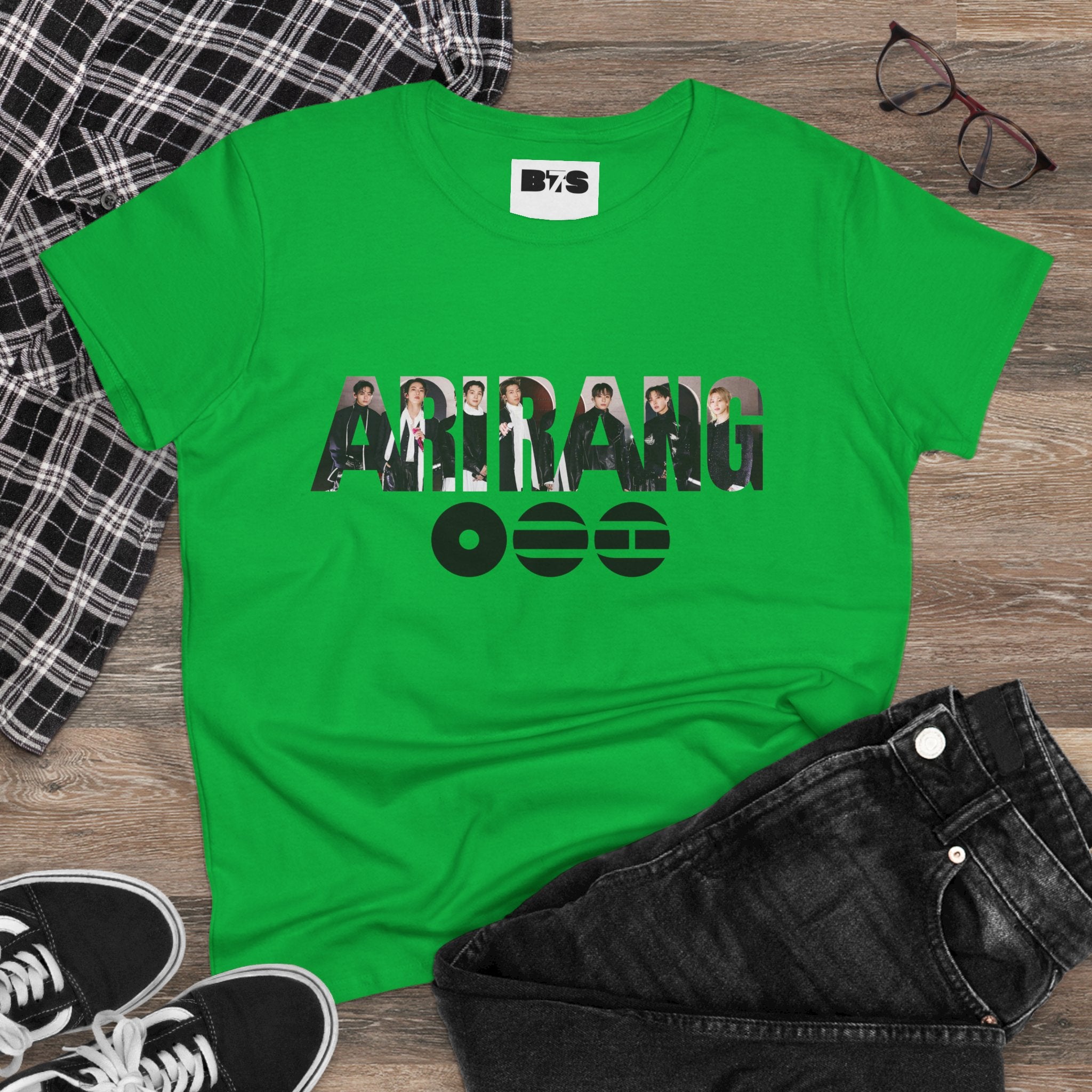 Pink BTS ARIRANG graphic T-shirt featuring the BTS logo and member names, made by Printify with vibrant print.