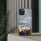 Clear impact-resistant Bangtan phone case featuring cute K-pop design for smartphones, by Printify.