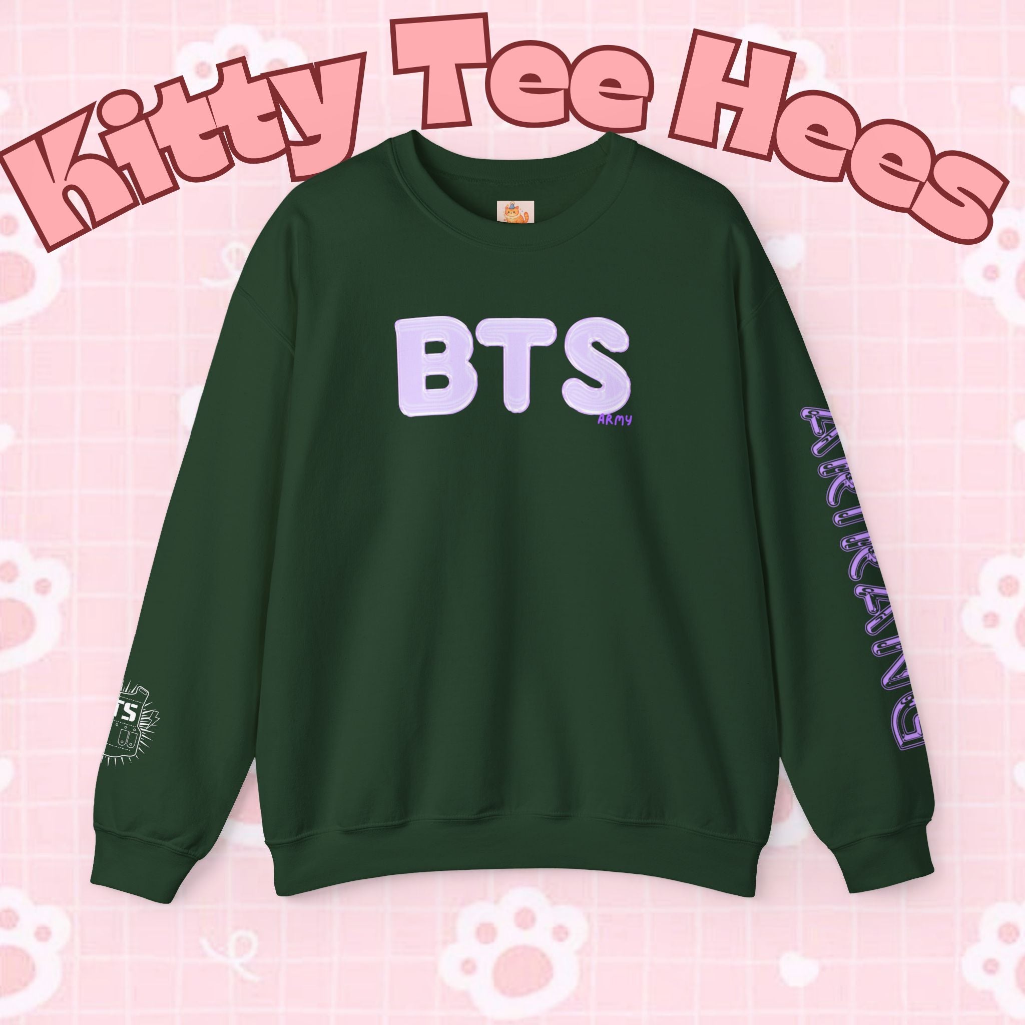 Lavender BTS Logo arirang crewneck sweatshirt featuring band logo and concert-inspired design, comfortable K-pop pullover by Printify.