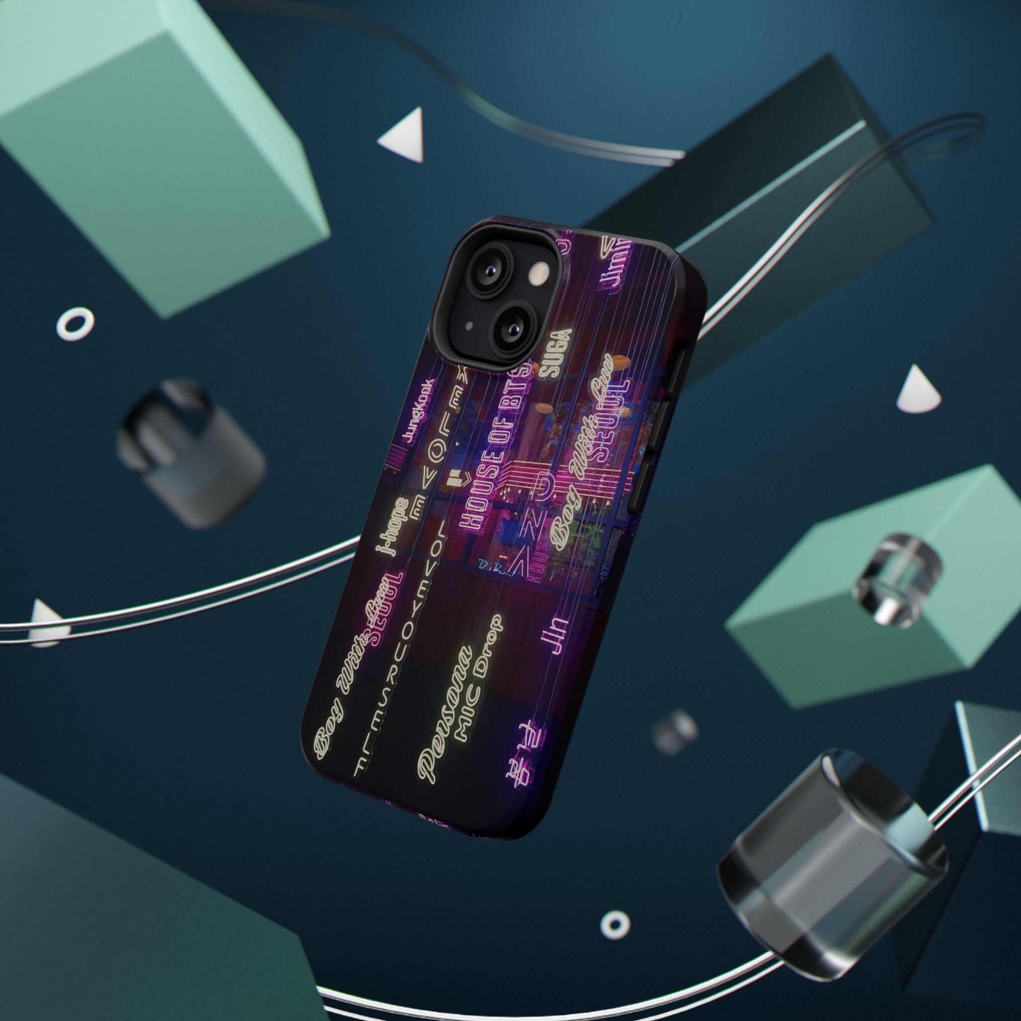 Neon Korean script phone case for iPhone and Samsung, impact-resistant BTS Bangtan Sonyeondan print by Printify