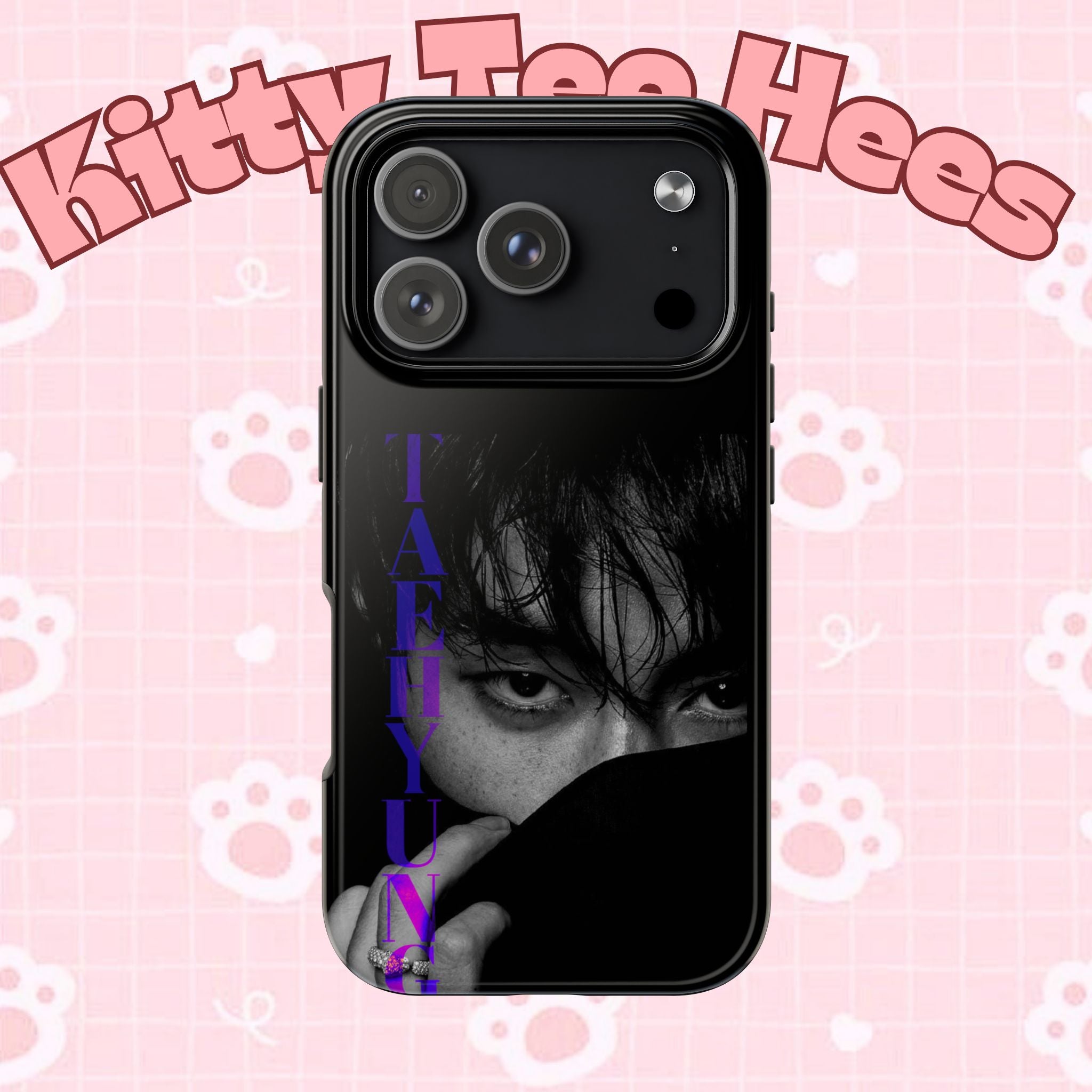 Dark BTS Taehyung (V) phone case with Bangtan design for iPhone and Samsung, featuring Kim Taehyung image.