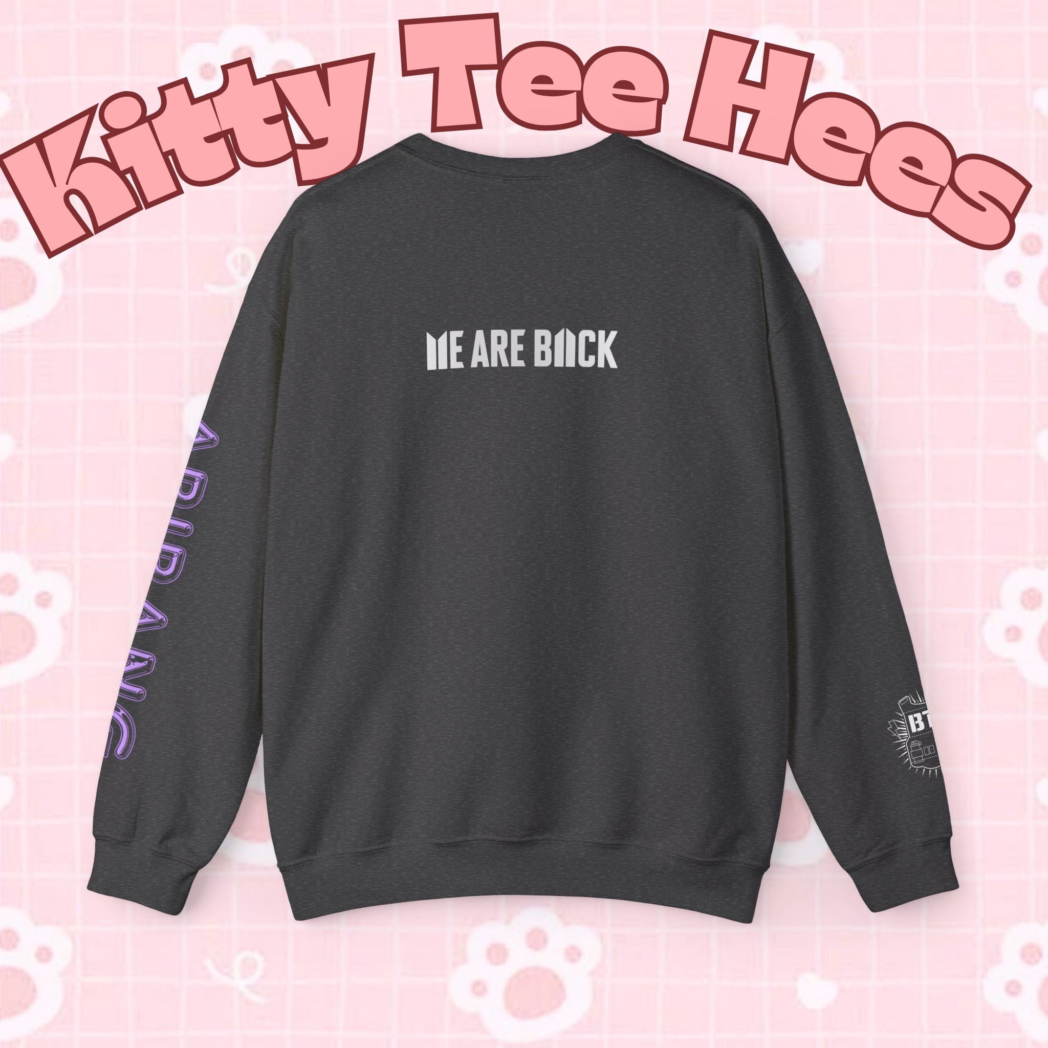 Lavender print BTS logo Arirang crewneck sweatshirt featuring K-pop band design and concert-themed graphic, casual pullover style.