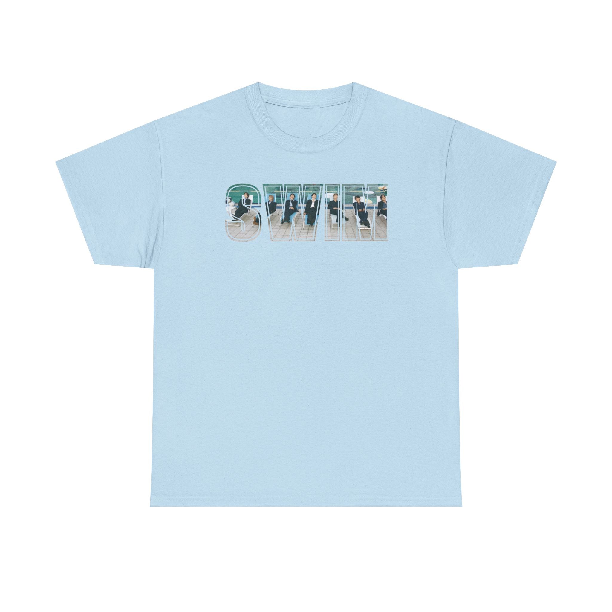 Printify BTS swim graphic T-shirt featuring a pool scene and "I could spend a lifetime watching you swim" slogan, casual concert tee.