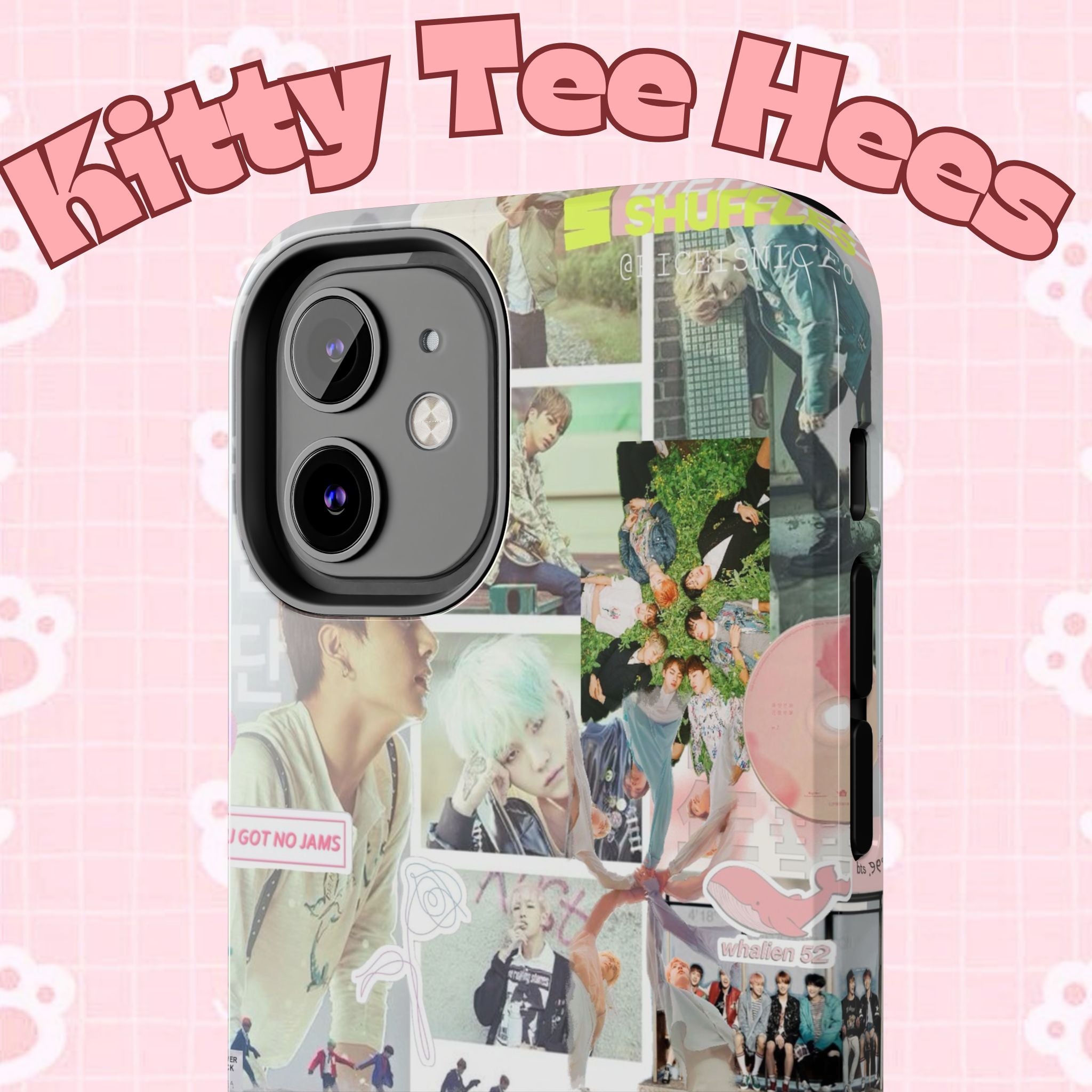 Printify BTS collage phone case for iPhone and Samsung with pastel hot air balloon and K-Pop photo collage design.