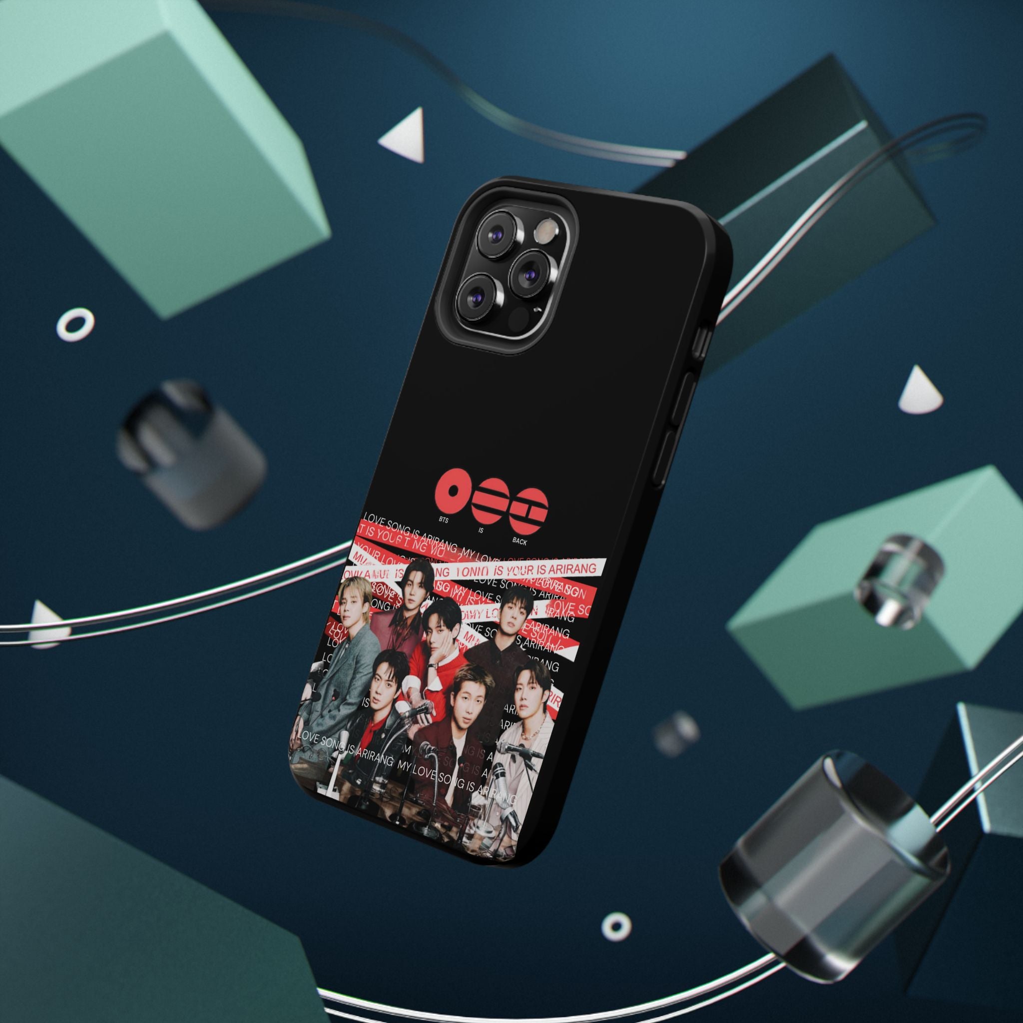 K-Pop BTS Bangtan phone case with concert fanmade design, impact-resistant cover featuring BTS Arirang band photo.