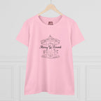 Printify Merry Go Round BTS Arirang 2026 album T-shirt featuring carousel sketch design and lyric script back print.